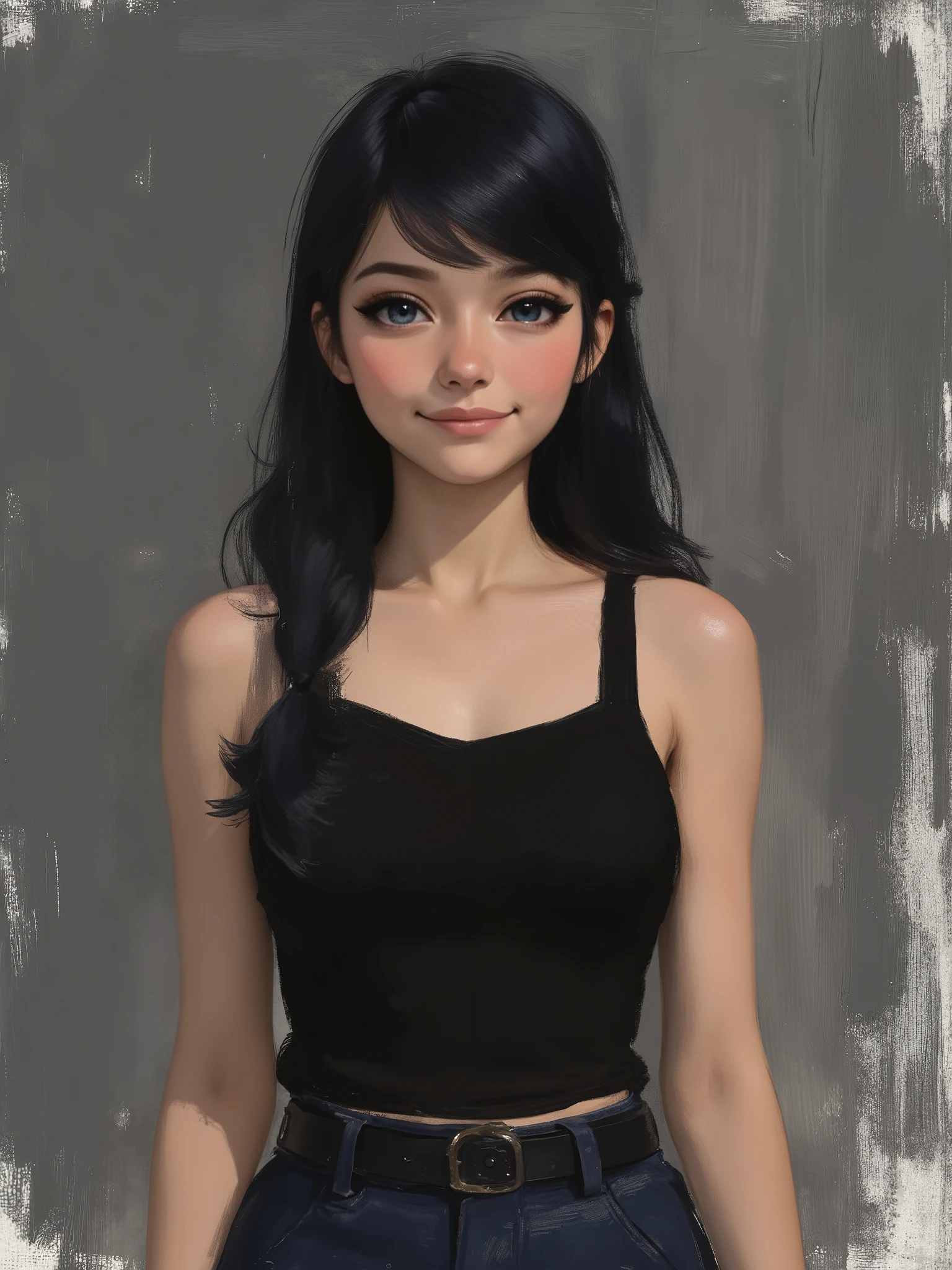 sketch painting, marinette Dopanchan, cartoony anime, A very beautiful and cute 22 year old woman with a slight smile. (((Shy smile))), sharp focus on the face, (((Western eyes:1.5))), (((Extremely detailed ice-blue eyes, beautiful eyes, beautifully detailed eyes))), (((delicately detailed thin pink lips))), (((long hair, shiny hair))), (((black medieval steampunk style sleeveless t-shirt))), (((Dark Blue medieval steampunk style leather warrior pants))), (((full body view, dynamic pose, standing:1.5, graceful pose))), (((The background is Dark Gray and painted with expressive, visible textures using dynamic brushstrokes and strokes that add depth and movement. The paint covers only the area just behind the subject. The outer edges of the image with black margins, as if the background had been painted with a brush and with expressive and visible textures using dynamic brushstrokes and strokes fading toward the edges creating a modern and artistic vignette effect))). Cinematic lighting, soft depth of field, (((masterpiece/high resolution/Best Quality/top quality/high quality/UHD/16k quality))), sharp focus, no blur, film grain, bokeh.