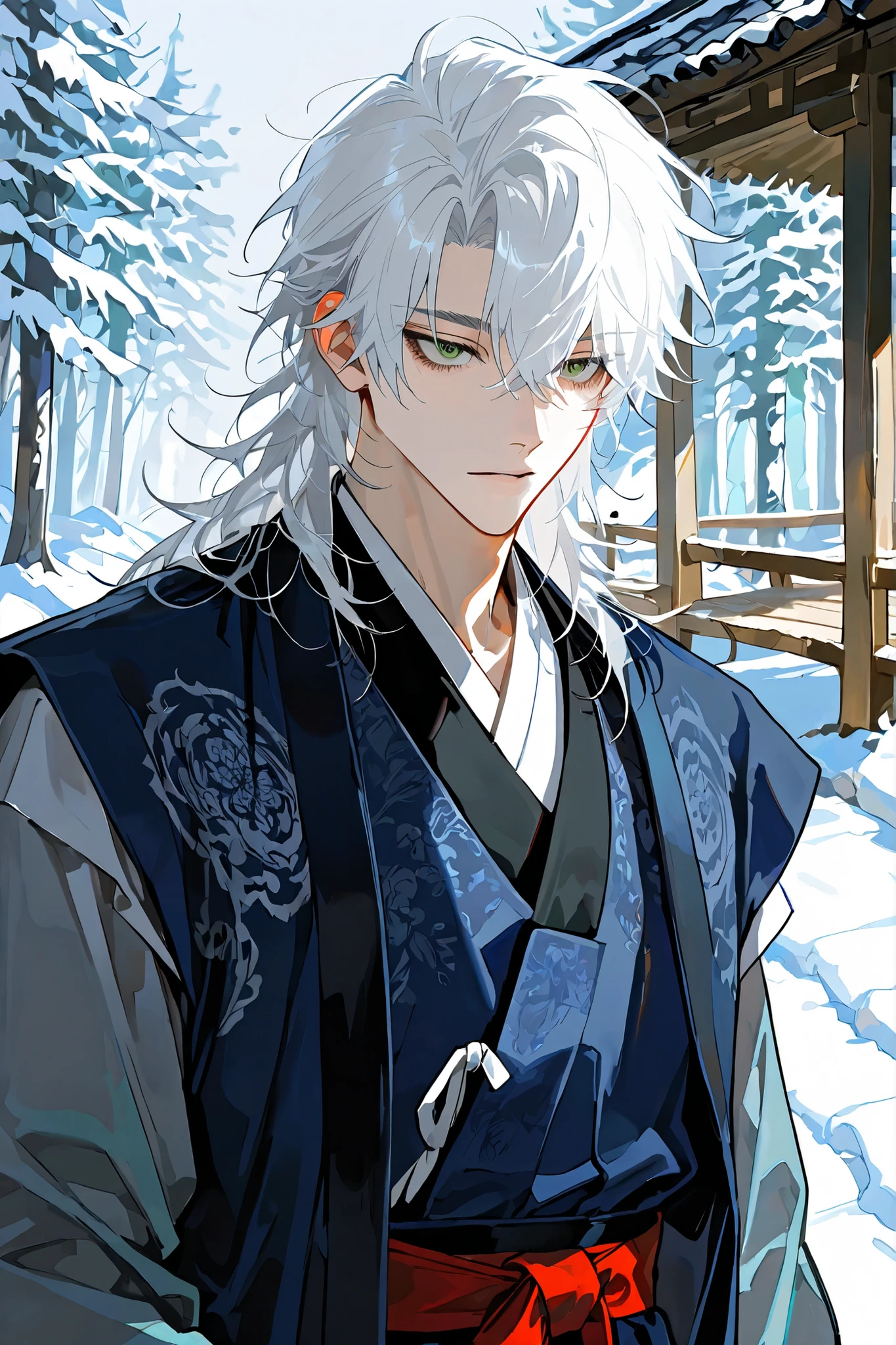 close up, long messy white hair ,only one male , a cutting impression, Icy glare, handsome male, lean gaunt build, winter forest green eyes, messy dark navy hair, wearing a loose faded jade-colored durumagi (overcoat) over a disheveled jeogori(old Korean clothes) and baji,a old blue jokki (vest), a red sash (tti) tied around his waist,more close up, only one man, Background is thatched-roof houses (chogajip), Doing something
