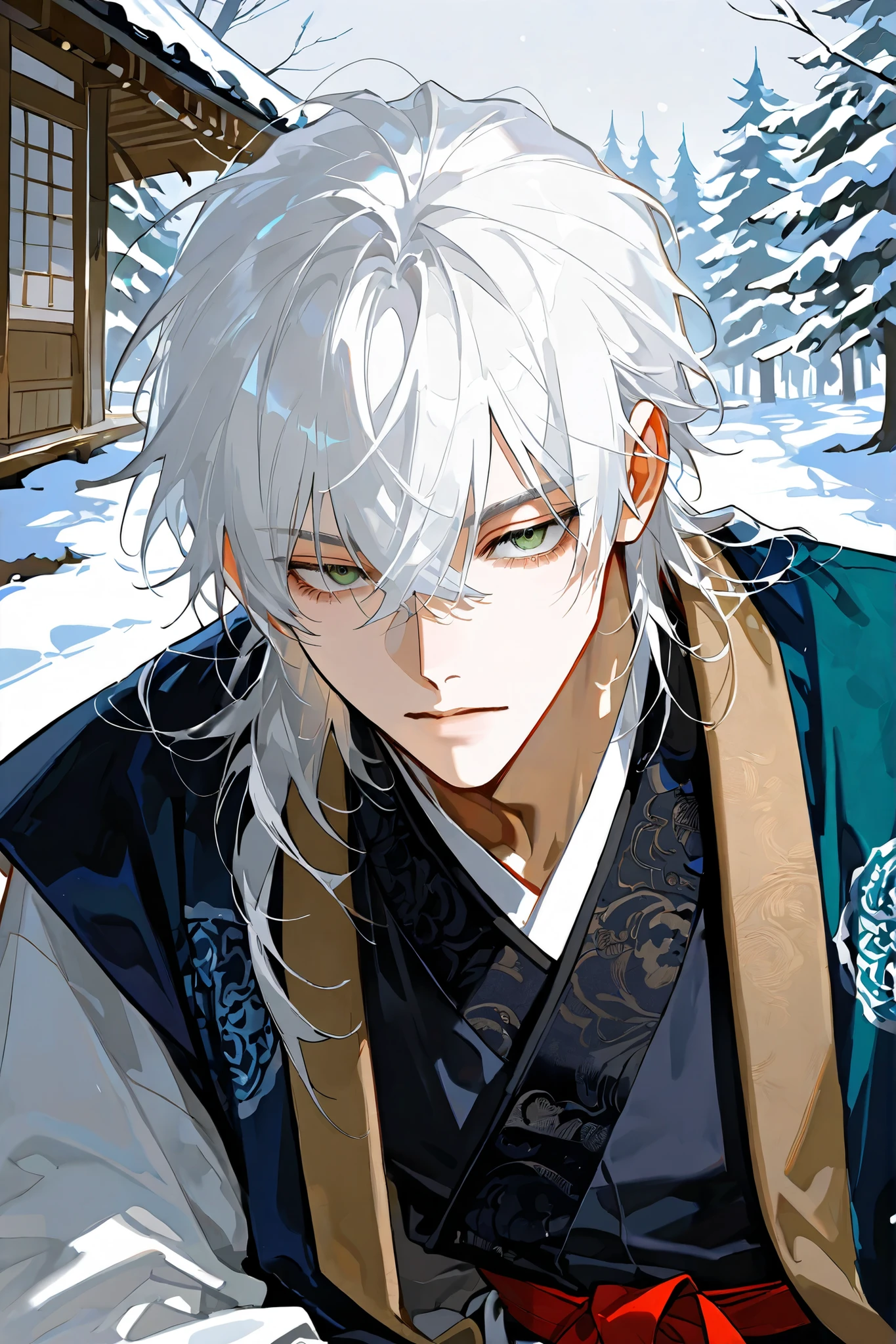 close up, long messy white hair ,only one male , a cutting impression, Icy glare, handsome male, lean gaunt build, winter forest green eyes, messy dark navy hair, wearing a loose faded jade-colored durumagi (overcoat) over a disheveled jeogori(old Korean clothes) and baji,a old blue jokki (vest), a red sash (tti) tied around his waist,more close up, only one man, Background is thatched-roof houses (chogajip), Doing something