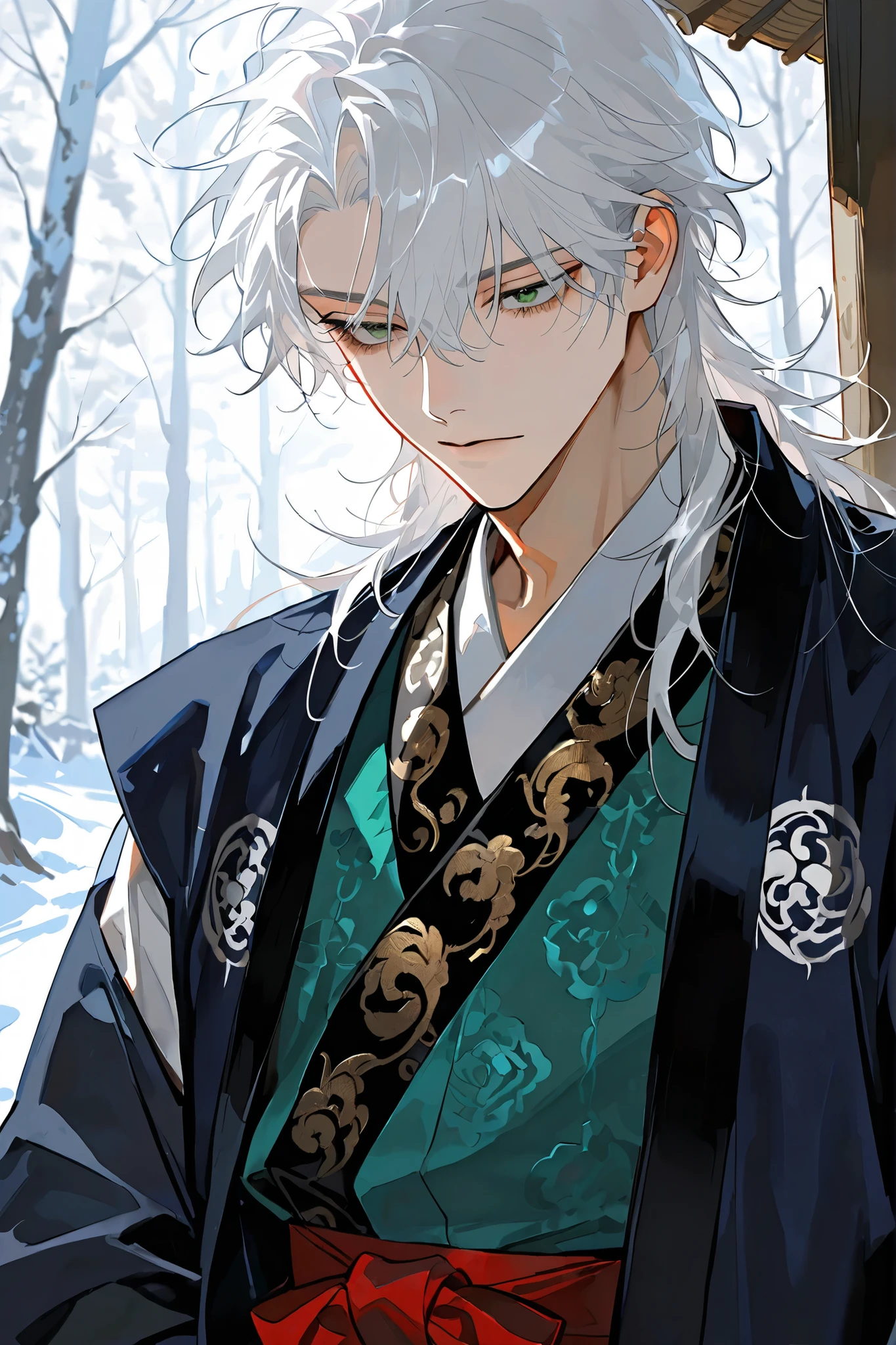 close up, long messy white hair ,only one male , a cutting impression, Icy glare, handsome male, lean gaunt build, winter forest green eyes, messy dark navy hair, wearing a loose faded jade-colored durumagi (overcoat) over a disheveled jeogori(old Korean clothes) and baji,a old blue jokki (vest), a red sash (tti) tied around his waist,more close up, only one man, Background is thatched-roof houses (chogajip), Doing something