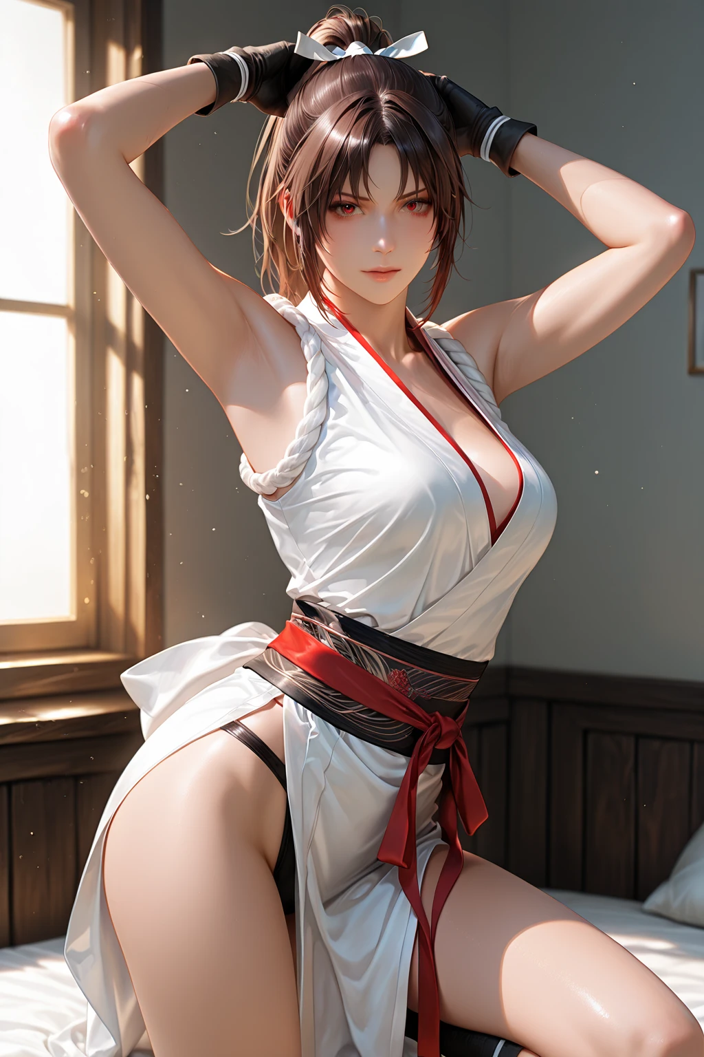 score_9, score_8_up, score_7_up, score_6_up, uncensored, ichika nakano, short hair, bangs, blue eyes, hair between eyes, pink hair, BREAK detailed eyes, beautiful eyes, perfect eyes, assertive female, (perfect hands, perfect ), detailed skin texture, (blush:0.5), (goosebumps:0.cessive sweating, sweating profusely, sweating drop BREAK,  ribbon, ribbon, red ribbon, navel, cleavage, 1girl, solo, , standing, looking_at_viewer, cowboy_shot, blush, sliding door, tatami, ,  smile, half-closed eyes,