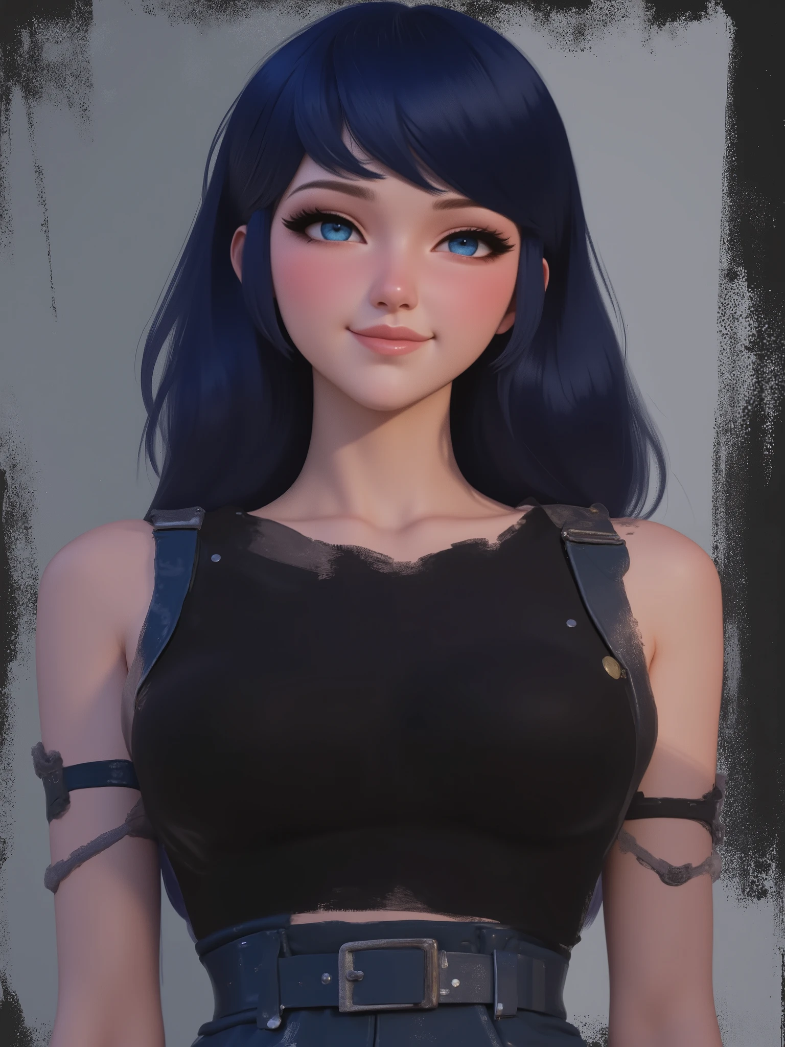 cartoony anime, marinette Dopanchan, stylized illustration, brush strokes, sr3fmj, A very beautiful and cute 22 year old woman with a slight smile. (((Shy smile))), sharp focus on the face, (((Western eyes:1.5))), (((Extremely detailed ice-blue eyes, beautiful eyes, beautifully detailed eyes))), (((delicately detailed thin pink lips))), (((long hair, shiny hair))), (((black medieval steampunk style sleeveless t-shirt))), (((Dark Blue medieval steampunk style leather warrior pants))), (((full body view, dynamic pose, standing:1.5, graceful pose))), (((The background is Dark Gray and painted with expressive, visible textures using dynamic brushstrokes and strokes that add depth and movement. The paint covers only the area just behind the subject. The outer edges of the image with black margins, as if the background had been painted with a brush and with expressive and visible textures using dynamic brushstrokes and strokes fading toward the edges creating a modern and artistic vignette effect))). Cinematic lighting, soft depth of field, (((masterpiece/high resolution/Best Quality/top quality/high quality/UHD/16k quality))), sharp focus, no blur, film grain, bokeh.