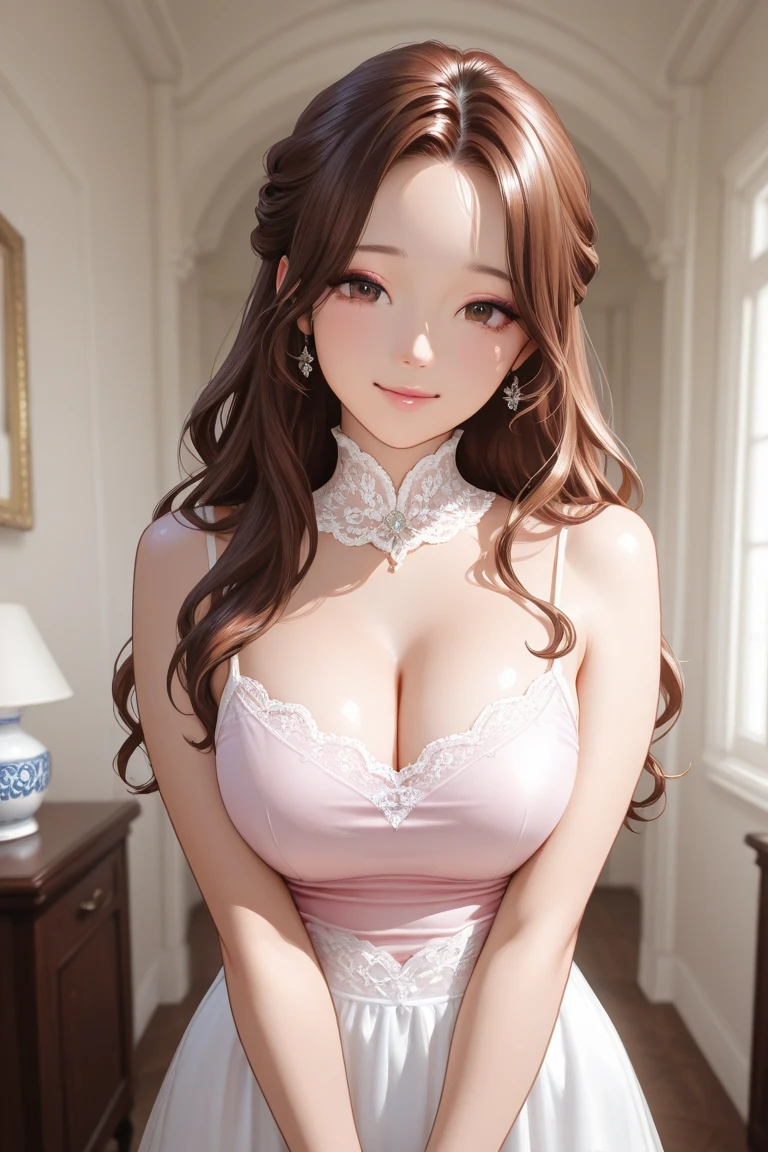 8K picture quality、The ultra -The high-definition、ultra-detailliert、masutepiece、portlate、shinny skin、Sweater with open ?????、super giant ??????、The ????? is very plump、Tight skirt、Super big ???、T back、Korean Beauty、Very long lashes、lofty nose、luslous skin、A smile、Beautiful white teeth、The background is a room with lots of pink miscellaneous goods.........