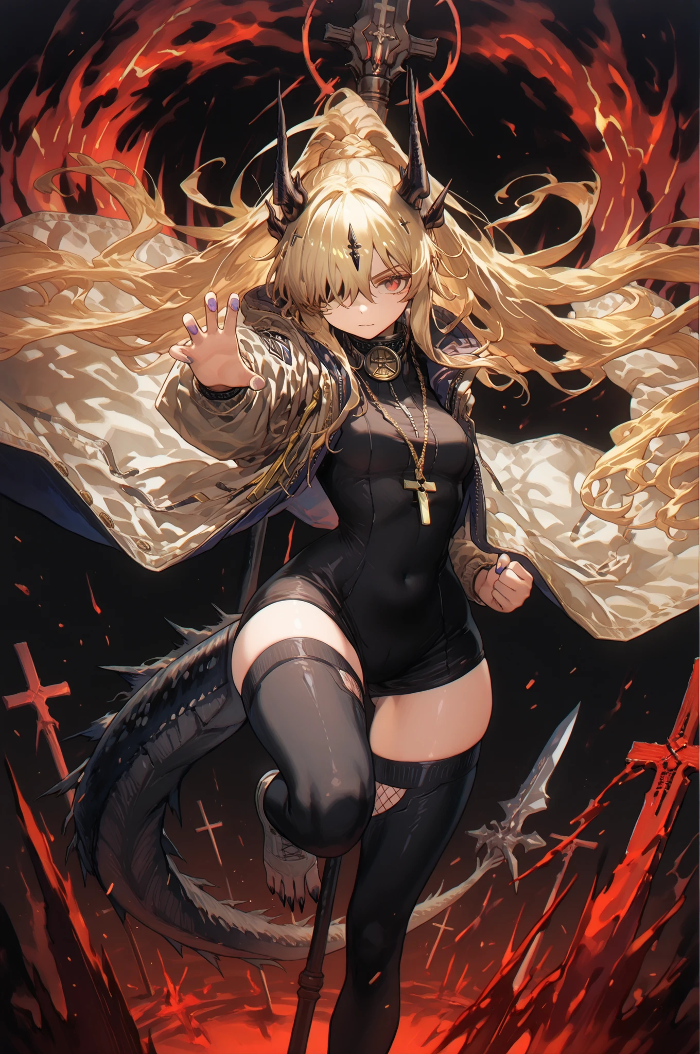 Alone, 1 girl, short and young character, petite body, height 1.50 meters, body proportions similar to Terakomari Gandesblood, confident but cute expression.
Dynamic pose, action stance, flowing hair, dramatic composition, looking directly at the viewer with confidence.
Hair: Hairstyle similar to Artoria Pendragon Ruler from Fate/Grand Order, long ponytail tied back, with shimmering golden strands of energy that move with her pose. Blonde hair.
Mask: Black mask identical to the Frost Queen's mask from The Return of the Frozen Player, completely covering the eyes. No eye slits, no visible eyes, the mask completely conceals the eyes.
Body: Black arms and hands with claws, black legs and feet with claws, black markings on the arms, shoulders, and thighs, dragon tail tipped with a red flame, long, curved black horns like those of the original version of Reed from Arknights. Exposed thighs.
Outfit: White military jacket based on Projekt Red from Arknights, with gold military medals. The coat is white with red details, red interior clearly visible.
Black sweatshirt identical to the design of the original Reed Elite 2, reaching mid-thigh.
Gold chain wraps around neck, splits beside breasts, crosses abdomen into V-shaped pendant like Reed’s original.
Weapon: Gigantic stone spear with cracked blade leaking glowing energy.
Scene: Black background, dynamic full-body posture, sexy and confident, medium-sized breasts, small waist, wide hips, large butt.
Most importantly, she wears a white military coat with blue accents and red interior, identical in every detail to Amiya’s coat in Arknights (but in white)—same fabric, cut, hood, zippers, and fit.