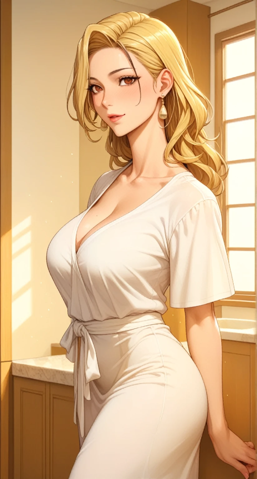 Elegant mature woman, milf, blue eyes, blonde hair, soft light, high detailed, 4k resolution, high quality, beautiful cg, 