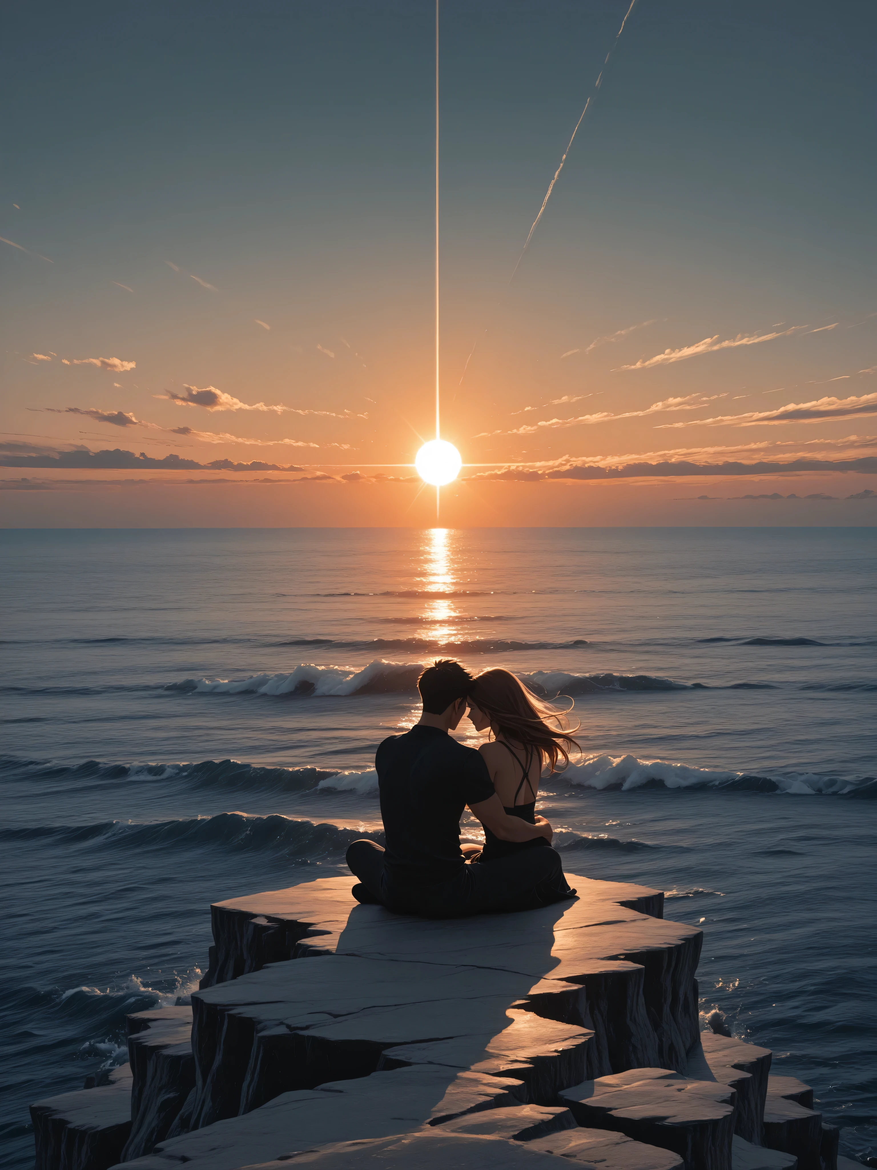aidmaMJ6.1,a picture of a couple, a man and a woman,  sitting on the cliff near the sea, they hug and see the sunset, shadow plays, sun going down, divine rays,  vibrant, Ultra-high resolution, High Contrast, (masterpiece:1.5), highest quality, Best aesthetics), best details, best quality, highres, ultra wide angle, 16k, [ultra detailed], masterpiece, best quality, (extremely detailed)
