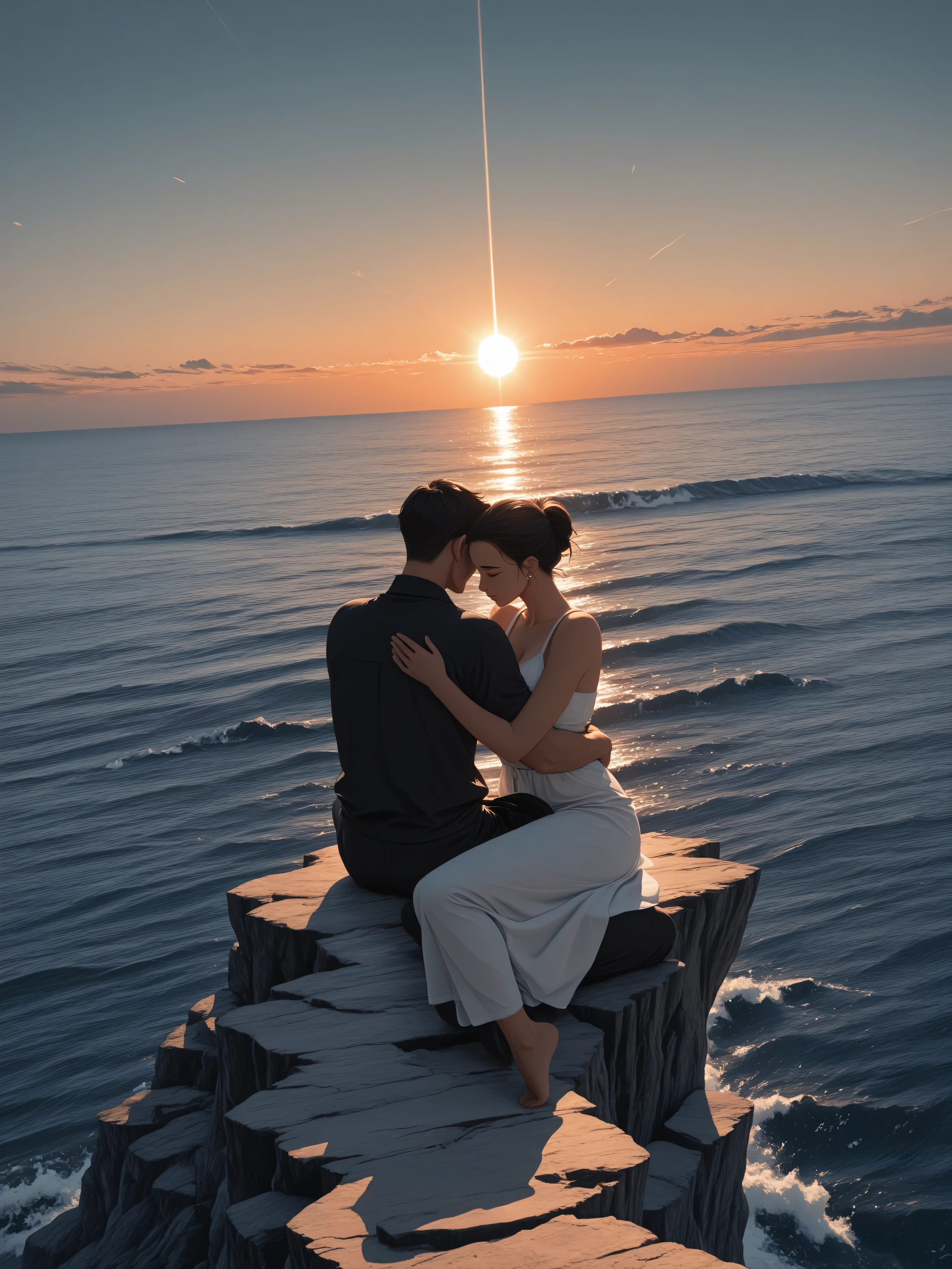 aidmaMJ6.1,a picture of a couple, a man and a woman,  sitting on the cliff near the sea, they hug and see the sunset, shadow plays, sun going down, divine rays,  vibrant, Ultra-high resolution, High Contrast, (masterpiece:1.5), highest quality, Best aesthetics), best details, best quality, highres, ultra wide angle, 16k, [ultra detailed], masterpiece, best quality, (extremely detailed)