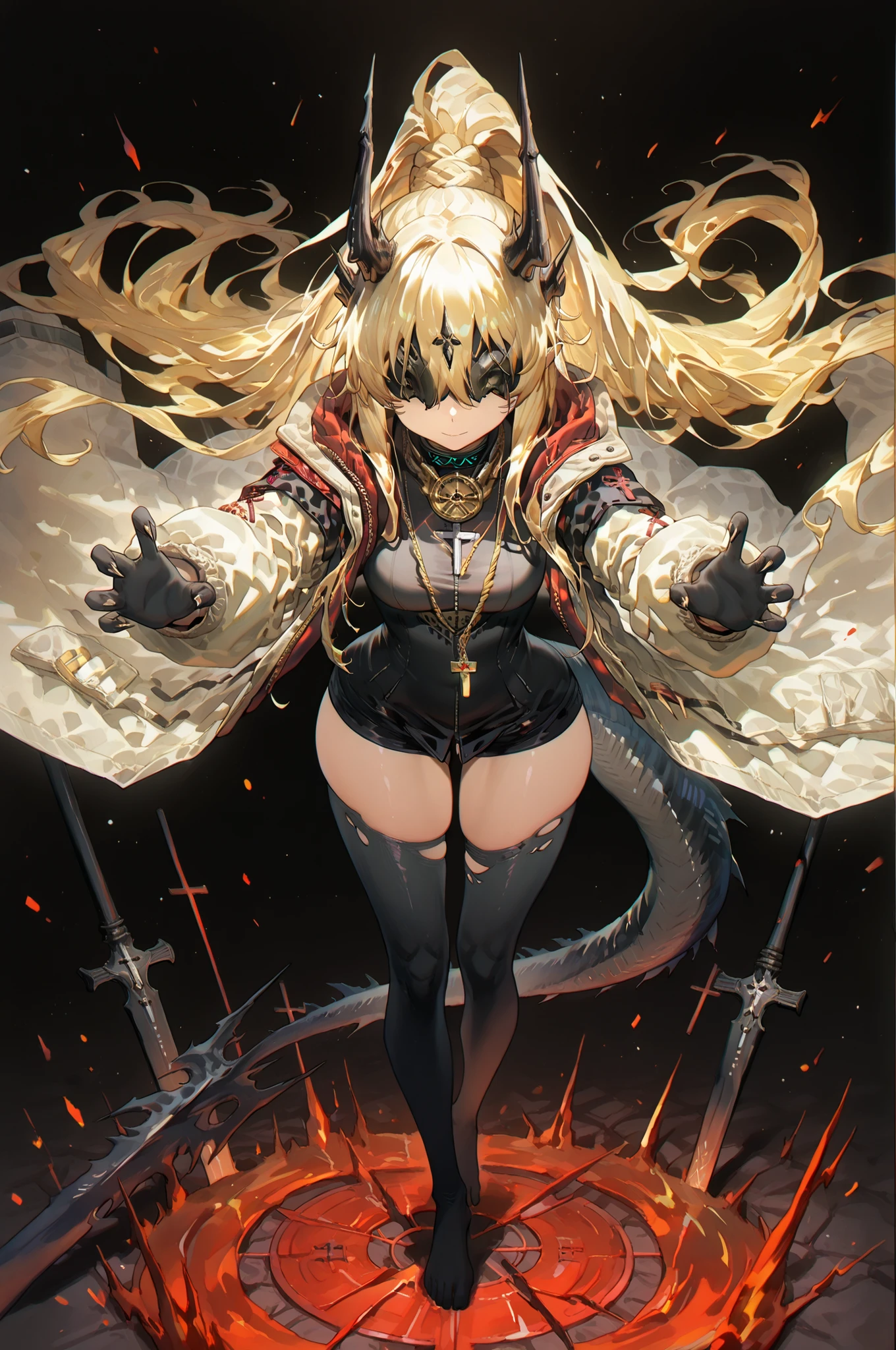 Alone, 1 girl, short and young character, petite body, height 1.50 meters, body proportions similar to Terakomari Gandesblood, confident but cute expression.
Dynamic pose, action stance, flowing hair, dramatic composition, looking directly at the viewer with confidence.
Hair: Hairstyle similar to Artoria Pendragon Ruler from Fate/Grand Order, long ponytail tied back, with shimmering golden strands of energy that move with her pose. Blonde hair.
Mask: Black mask identical to the Frost Queen's mask from The Return of the Frozen Player, completely covering the eyes. No eye slits, no visible eyes, the mask completely conceals the eyes.
Body: Black arms and hands with claws, black legs and feet with claws, black markings on the arms, shoulders, and thighs, dragon tail tipped with a red flame, long, curved black horns like those of the original version of Reed from Arknights. Exposed thighs.
Outfit: White military jacket based on Projekt Red from Arknights, with gold military medals. The coat is white with red details, red interior clearly visible.
Black sweatshirt identical to the design of the original Reed Elite 2, reaching mid-thigh.
Gold chain wraps around neck, splits beside breasts, crosses abdomen into V-shaped pendant like Reed’s original.
Weapon: Gigantic stone spear with cracked blade leaking glowing energy.
Scene: Black background, dynamic full-body posture, sexy and confident, medium-sized breasts, small waist, wide hips, large butt.
Most importantly, she wears a white military coat with blue accents and red interior, identical in every detail to Amiya’s coat in Arknights (but in white)—same fabric, cut, hood, zippers, and fit.