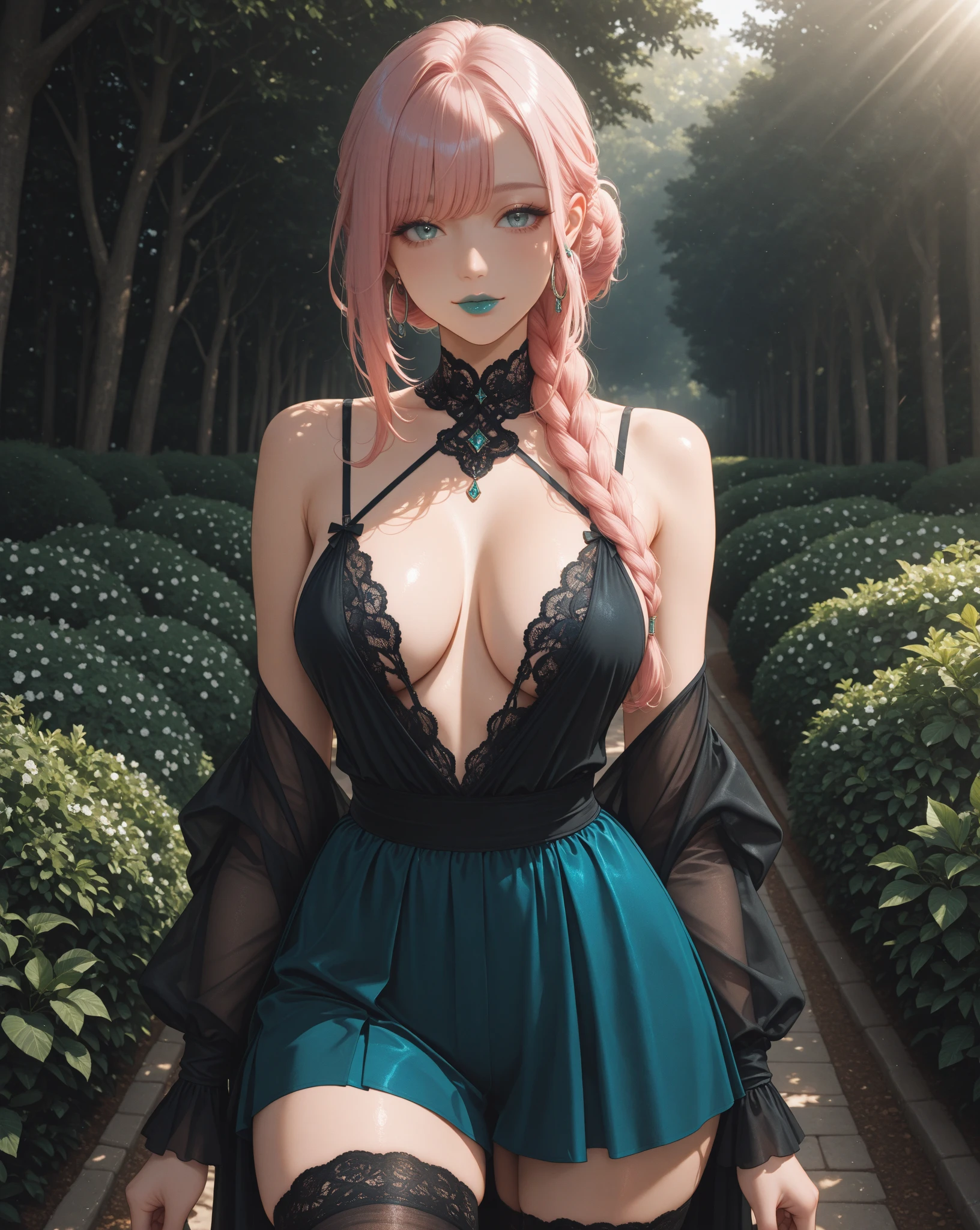 1 girl,Alice,pantyhose,( Lace vest), (see-through shirt:1.4) shirt,outdoor,jewelry,grace,(((red lips))), Lips slightly open, ??????? smile,  clavicle,(????????????),Charming cleavage,((8k, original photo, top quality, masterpiece), HD RAW color photos professional close-up photos, (actual, photorealism: 1.37), (best quality),ultra high resolution, HD CG unified 8K wallpaper, alone,