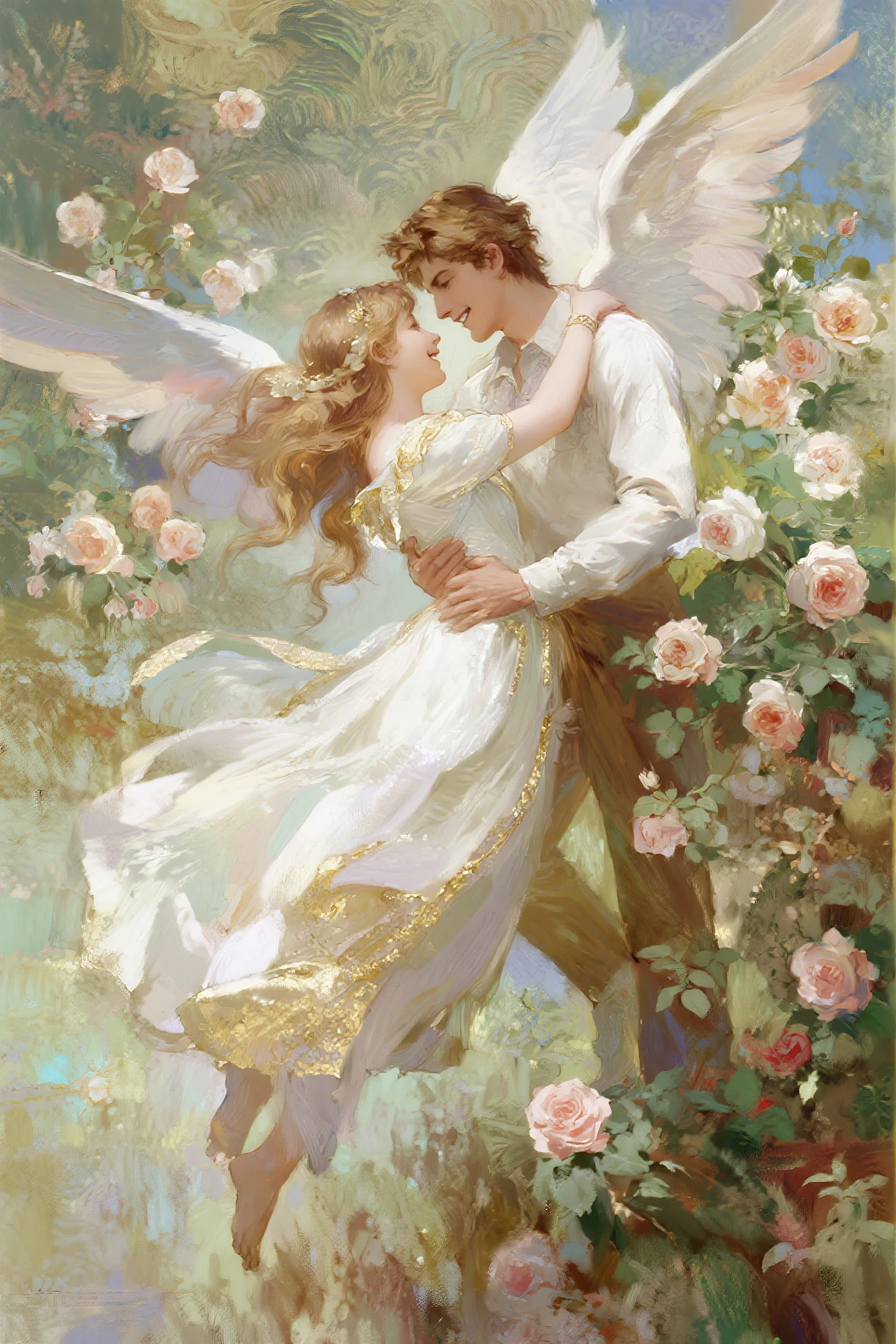 candid an image of 2man, an attractive and charming 2man, Position in a graceful contrapposto stance (in a field of vibrant swirling roses garden), good looking masculine appearance with slender smooth body, delicate and symmetrical face, natural olive skin tone, ( body wrapped in classical drapery sheer rainbow color fabric), with flowing dramatically in the wind, some fabric to billow as if caught by a gentle breeze. The composition include mythological elements, such as a backdrop of a serene ocean with a golden sunrise and nymphs to frame the scene. Illuminate the scene with soft diffused lighting to create a dreamlike, celestial atmosphere, capturing the delicate interplay of light and shadow on his face and body. ((full body shot)), wide-angle lens on a high-resolution DSLR camera to capture the grandeur and intricate details of the setting, while shooting from a low angle to emphasize the model's majestic presence. The overall mood should blend the classical elegance of Botticelli's work with a modern, high-fashion aesthetic, producing an image that feels both timeless and contemporary, adding the Two Cherubs in the sense to balance and harmony the photo, evoke the soft ethereal quality of the Renaissance style, POV, raw photo, ((masterpiece)), ((best quality:1.4)), High Resolution, (ultra_realistic:1.37), (photorealistic:1.4, (), ((Pay attention to the layer and arrangement of body parts and surrounding objects)), ((Pay attention to the body composition)), ((Correct body structure)), ((Correct photo distance)), romantic atmosphere, lively extremely Gorgeous background), gay wedding,