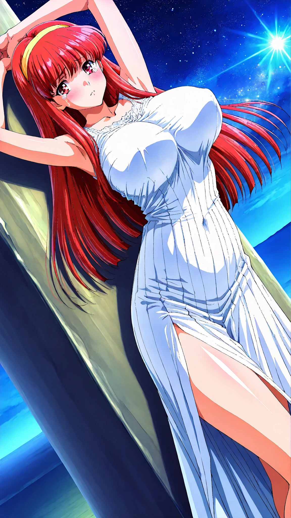 ((masterpiece)), ((best quality)), ultra detailed, detailed background, orange hair, Long Hair , green eyes, thin eyes, extreme large ??????, long hair, highest details, ????, focus, Alluring, long legs, ?????? style, sensual smile, ??????, ?????? body, ???????? ??????????, ?????? body, sensual pose, ??????? face, aroused body,  ((on a bed)) ), (???? tiny white wedding dress)