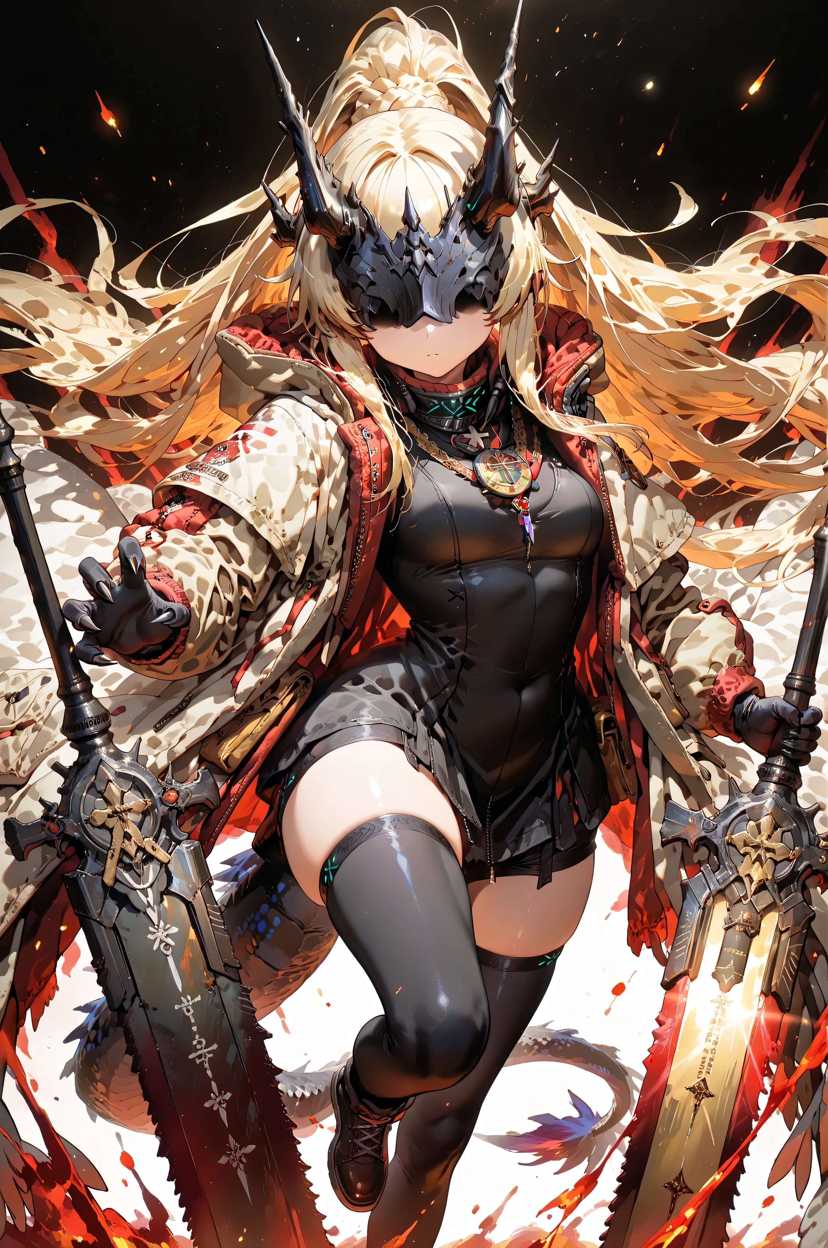 Alone, 1 girl, short and young character, petite body, height 1.50 meters, body proportions similar to Terakomari Gandesblood, confident but cute expression.
Dynamic pose, action stance, flowing hair, dramatic composition, looking directly at the viewer with confidence.
Hair: Hairstyle similar to Artoria Pendragon Ruler from Fate/Grand Order, long ponytail tied back, with shimmering golden strands of energy that move with her pose. Blonde hair.
Mask: Black mask identical to the Frost Queen's mask from The Return of the Frozen Player, completely covering the eyes. No eye slits, no visible eyes, the mask completely conceals the eyes.
Body: Black arms and hands with claws, black legs and feet with claws, black markings on the arms, shoulders, and thighs, dragon tail tipped with a red flame, long, curved black horns like those of the original version of Reed from Arknights. Exposed thighs.
Outfit: White military jacket based on Projekt Red from Arknights, with gold military medals. The coat is white with red details, red interior clearly visible.
Black sweatshirt identical to the design of the original Reed Elite 2, reaching mid-thigh.
Gold chain wraps around neck, splits beside breasts, crosses abdomen into V-shaped pendant like Reed’s original.
Weapon: Gigantic stone spear with cracked blade leaking glowing energy.
Scene: Black background, dynamic full-body posture, sexy and confident, medium-sized breasts, small waist, wide hips, large butt.
Most importantly, she wears a white military coat with blue accents and red interior, identical in every detail to Amiya’s coat in Arknights (but in white)—same fabric, cut, hood, zippers, and fit.