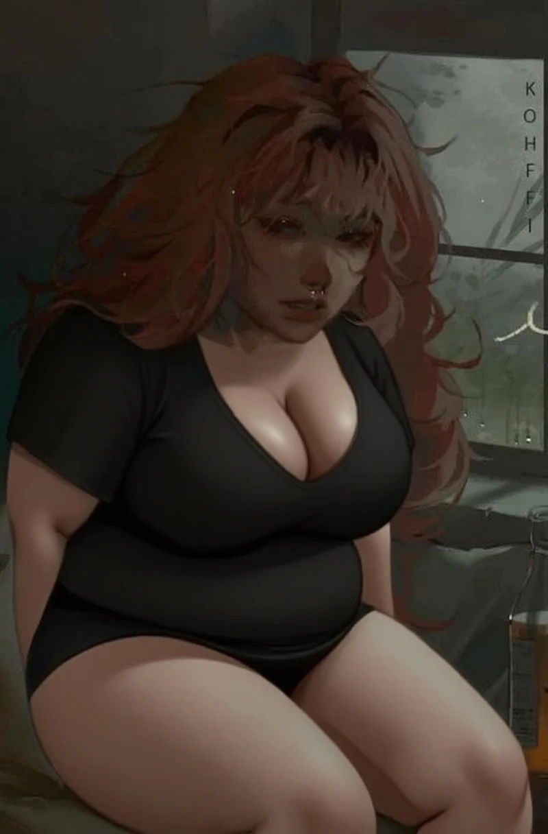 <lora:Merryk - PDXL - V1:1.4>merryk, female, dwarf, short, stout figure, breasts, red hair, yellow eyes, braids, lips, baggy t-shirt, portrait, legs on chair, (chubby:0.5), lounging, laying on chair, sitting, in a room where weed smoking is happening, holding weed, dim bedroom, smoking joint, very stoned, high on marijuana, crossed legs, looking at viewer, front view,