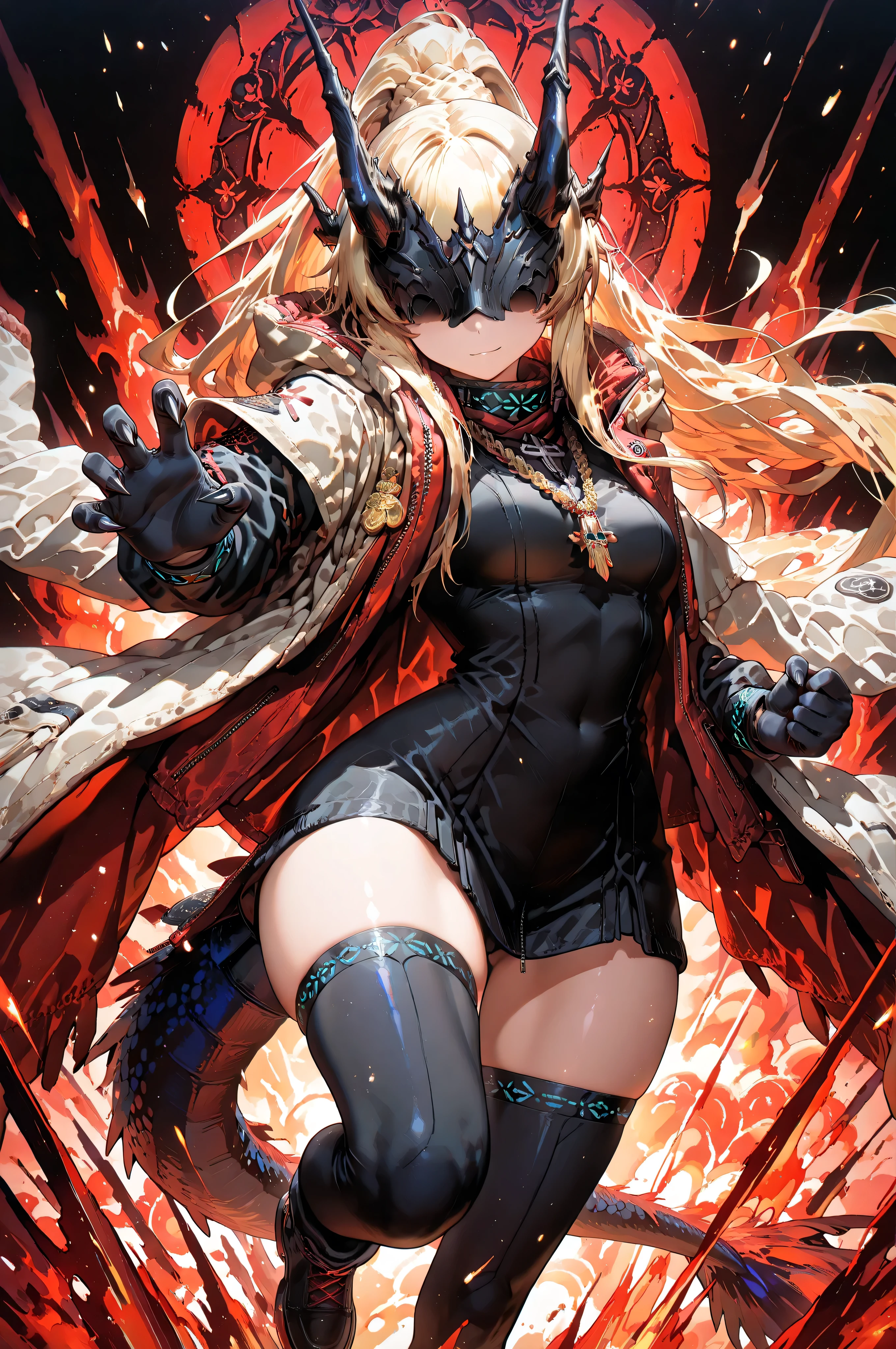 Alone, 1 girl, short and young character, petite body, height 1.50 meters, body proportions similar to Terakomari Gandesblood, confident but cute expression.
Dynamic pose, action stance, flowing hair, dramatic composition, looking directly at the viewer with confidence.
Hair: Hairstyle similar to Artoria Pendragon Ruler from Fate/Grand Order, long ponytail tied back, with shimmering golden strands of energy that move with her pose. Blonde hair.
Mask: Black mask identical to the Frost Queen's mask from The Return of the Frozen Player, completely covering the eyes. No eye slits, no visible eyes, the mask completely conceals the eyes.
Body: Black arms and hands with claws, black legs and feet with claws, black markings on the arms, shoulders, and thighs, dragon tail tipped with a red flame, long, curved black horns like those of the original version of Reed from Arknights. Exposed thighs. White military jacket with red details, gold chain crossing the character's neck and body.
Outfit:
White military jacket based on Projekt Red from Arknights, with gold military medals. The inside of the military coat is red, the coat is white with red details, the inside of the coat is red, the reverse of the coat is red.
Clearly visible red on the inside of the jacket.
Black sweatshirt identical to the design of the original Reed Elite 2, reaching mid-thigh.
Gold chain necklace on the chest and torso, crossing the body (like the chain detail on the original Reed).
Scene: Black background, dynamic full-body posture, sexy and confident, with medium-sized breasts, a small waist, wide hips, and a large butt.
Most importantly, she wears a white military coat with blue accents and a red interior, the inside of the coat being red, identical in every detail to Amiya's coat in Arknights (but in white)—the same fabric, cut, blue accents, red interior, length, hood design, zippers, and proportions. The coat is well-fitting, hugging her shoulders and torso—without falling or slipping.