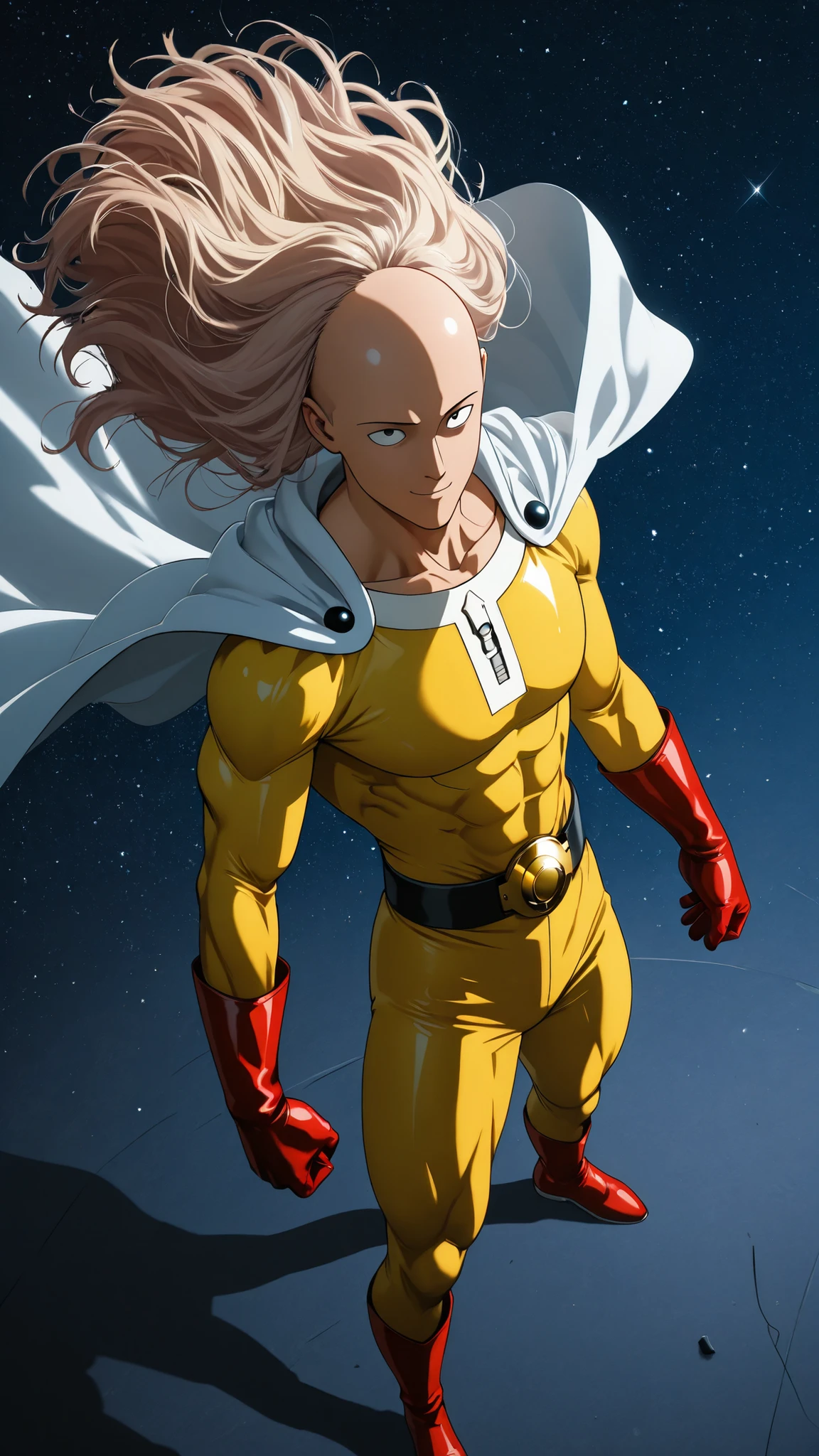 masterpiece, Hi-Res, Very High Definition, 8k, super detailed, Highest Quality, Bald Hero, saitama, yellow bodysuit, White cape, Red gloves, Red Boots , Simple Face , Confident Smile, muscular physique, (Clutching the wig:1.2, wig to the front to emphasize the wig, An angle that emphasizes), Dramatic Lighting, dynamic angle, Night Sky, I can see the stars, Dramatic Shadows, professional photo shoot, anime style, Strong Contrast, detailed cloth creases, Cape flowing in the wind, Strong stance, cinematic composition, (from above:1.5)