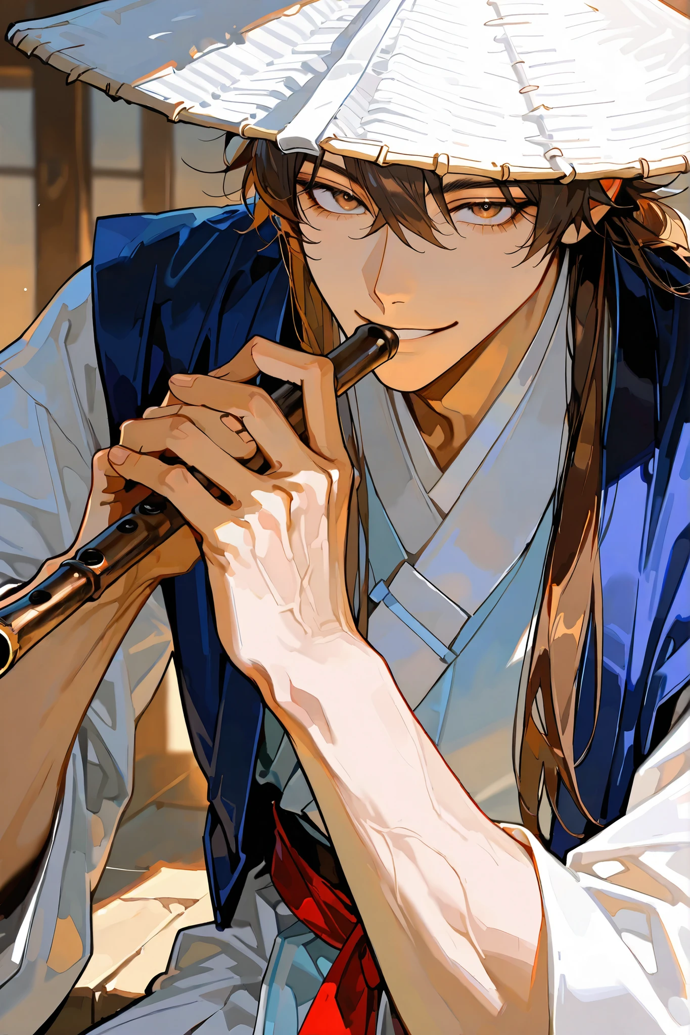 wearing a triangular white hat,Playing the wood flute,only one male, Kindness, Smile,handsome male, muscular, deep amber eyes with indigo blue rim, very long dark brown hair, wearing a white cotton jeogori( old Korean clothes) and baji, a blue jokki (vest), a red sash (tti) tied around his waist, more close up, only one man, Background is thatched-roof houses (chogajip), looking viewer, close up