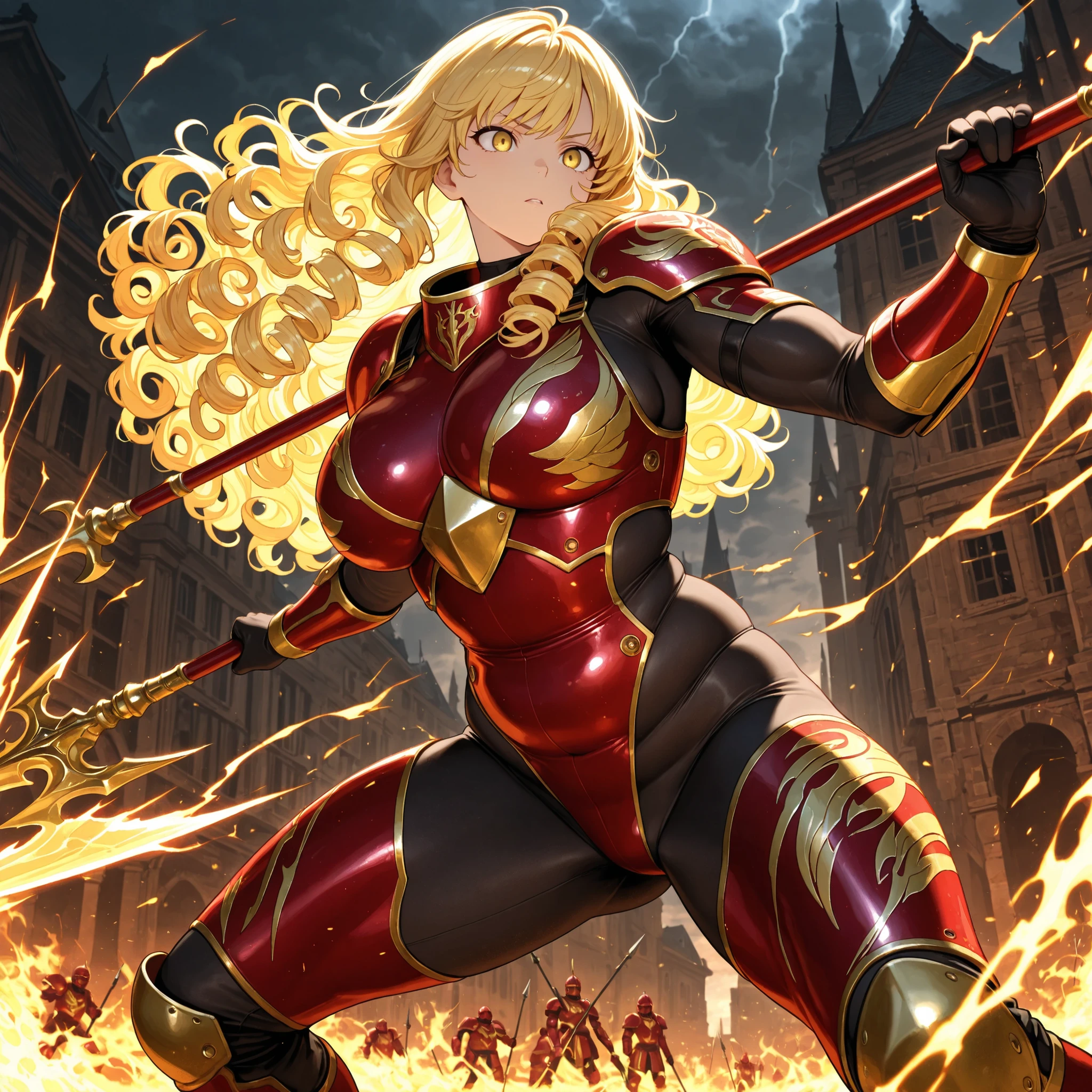 Highest Quality, masterpiece, ultra high res, 1 woman holding thunder, blonde hair, long curly hair, golden hair, plump breasts, Slim Limbs, Muscular Body, Warrior stance, Red and Gold Armor, Highly Exposing Battle Suits, Holding a spear, god々 atmosphere, 戦場の女god, Dignified Expression, flaming background, Greek-Style Buildings, Dramatic Lighting