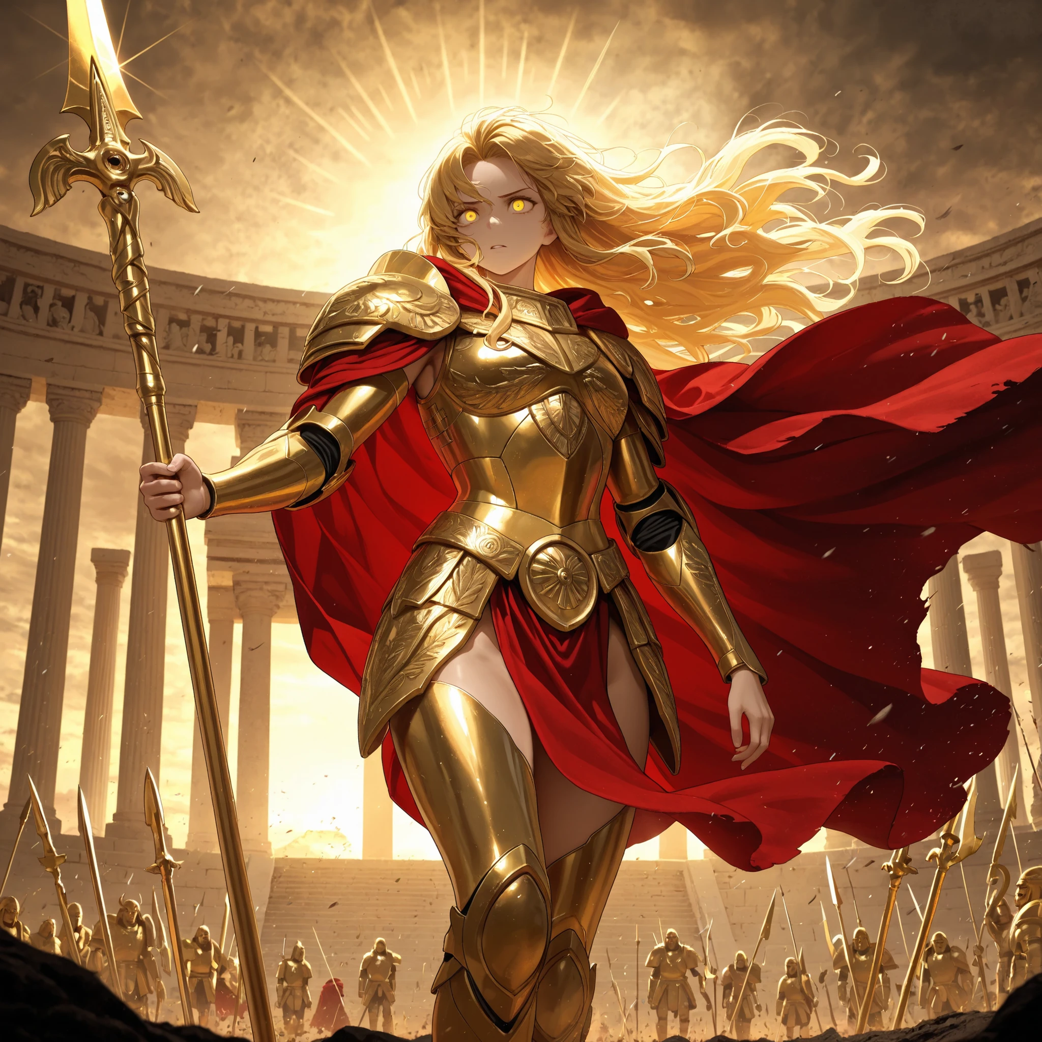 Photo Quality, Masterpiece, Ultimate Details, Goddess of War, long golden hair flutters in the wind, perfect body line, White and Gold Light Armor, Clear Skin, Intense eyes, red cloak, Raise a golden spear, Battlefield at Dusk, ancient Greek temple, Solemn Atmosphere, Mysterious Light