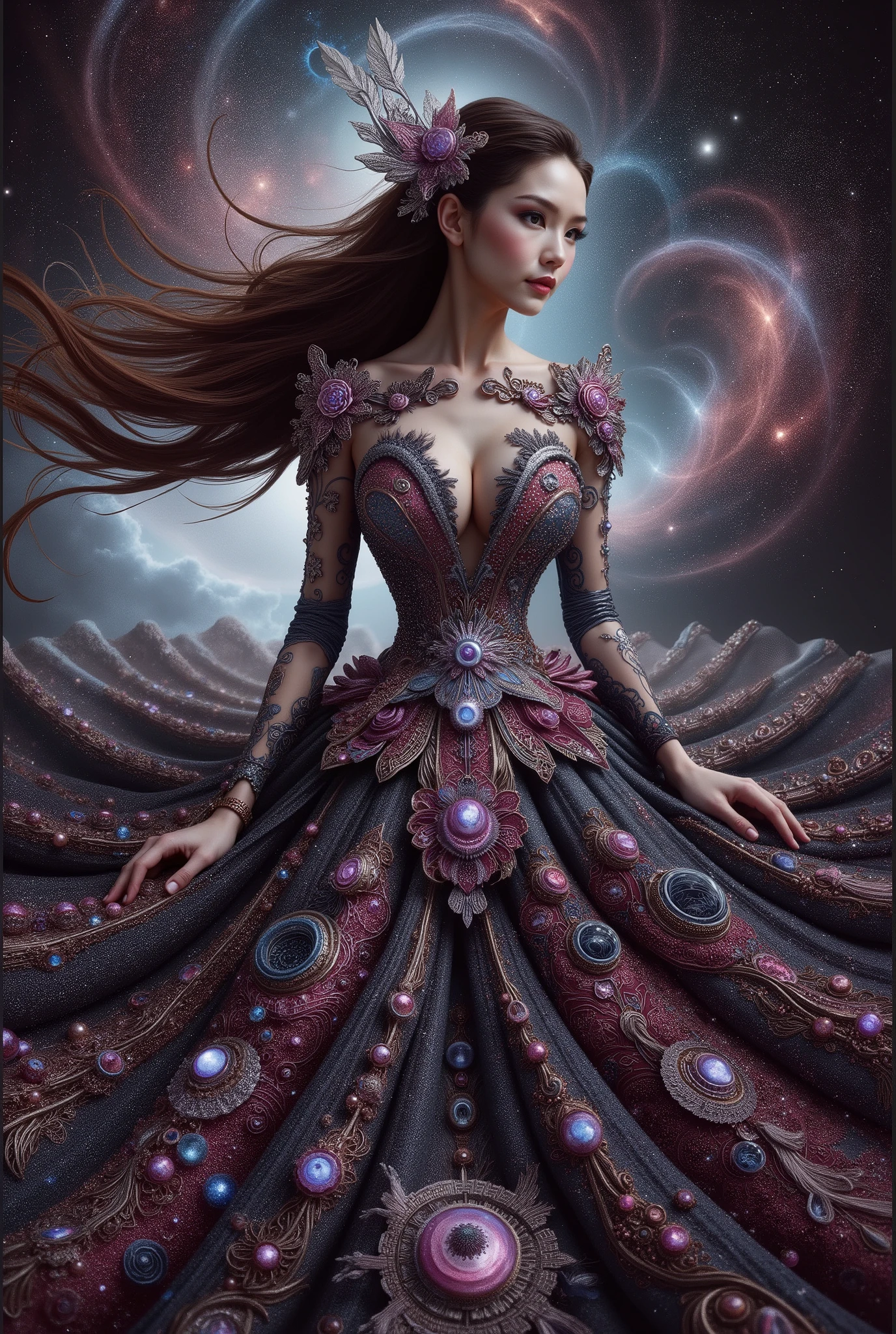 A cute japanese idol girls white-skinned, blue-eyed, thin lips, shadow eye, eyelashes, Gigantic fake boobs, Breast Press, small waist, slim body, asian girls in a strapless dress sitting in space, UHD, luxurious mechanism dress, ornate dress, shiny dress, sparkling dress, glossy motif dresses, elaborate fantasy dress with galaxy motif, elaborate fantasy long dress, expensive, voluminous dress, wearing a magnificent dress, fantasy dress, beautiful digital artwork, luxurious dress, beautiful fantasy empress, wearing ornate clothes, wearing a strapless dress made of beads and carbon fiber, photo with very sharp details, best quality:1.2),,(8k,highres,RAW photo,realistic,photo-realistic:1.3),(detailed skin texture,detailed cloth texture,detailed flame texture, beautiful detailed face:1.25),professional lighting,photon mapping,beautiful soft light,radiosity,physically-based rendering,raytracing, model shoot style, model shoot style, (extremely detailed CG unity 8k wallpaper), full shot body photo of the most beautiful artwork in the world. (Body Navel) push up breast. Breast press.