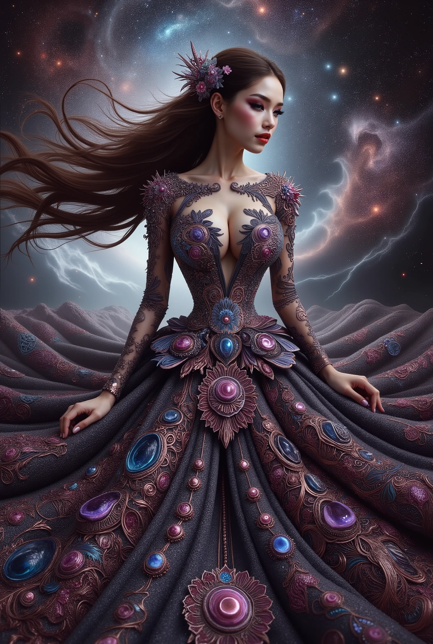 A cute japanese idol girls white-skinned, blue-eyed, thin lips, shadow eye, eyelashes, Gigantic fake boobs, Breast Press, small waist, slim body, asian girls in a strapless dress sitting in space, UHD, luxurious mechanism dress, ornate dress, shiny dress, sparkling dress, glossy motif dresses, elaborate fantasy dress with galaxy motif, elaborate fantasy long dress, expensive, voluminous dress, wearing a magnificent dress, fantasy dress, beautiful digital artwork, luxurious dress, beautiful fantasy empress, wearing ornate clothes, wearing a strapless dress made of beads and carbon fiber, photo with very sharp details, best quality:1.2),,(8k,highres,RAW photo,realistic,photo-realistic:1.3),(detailed skin texture,detailed cloth texture,detailed flame texture, beautiful detailed face:1.25),professional lighting,photon mapping,beautiful soft light,radiosity,physically-based rendering,raytracing, model shoot style, model shoot style, (extremely detailed CG unity 8k wallpaper), full shot body photo of the most beautiful artwork in the world. (Body Navel) push up breast. Breast press.