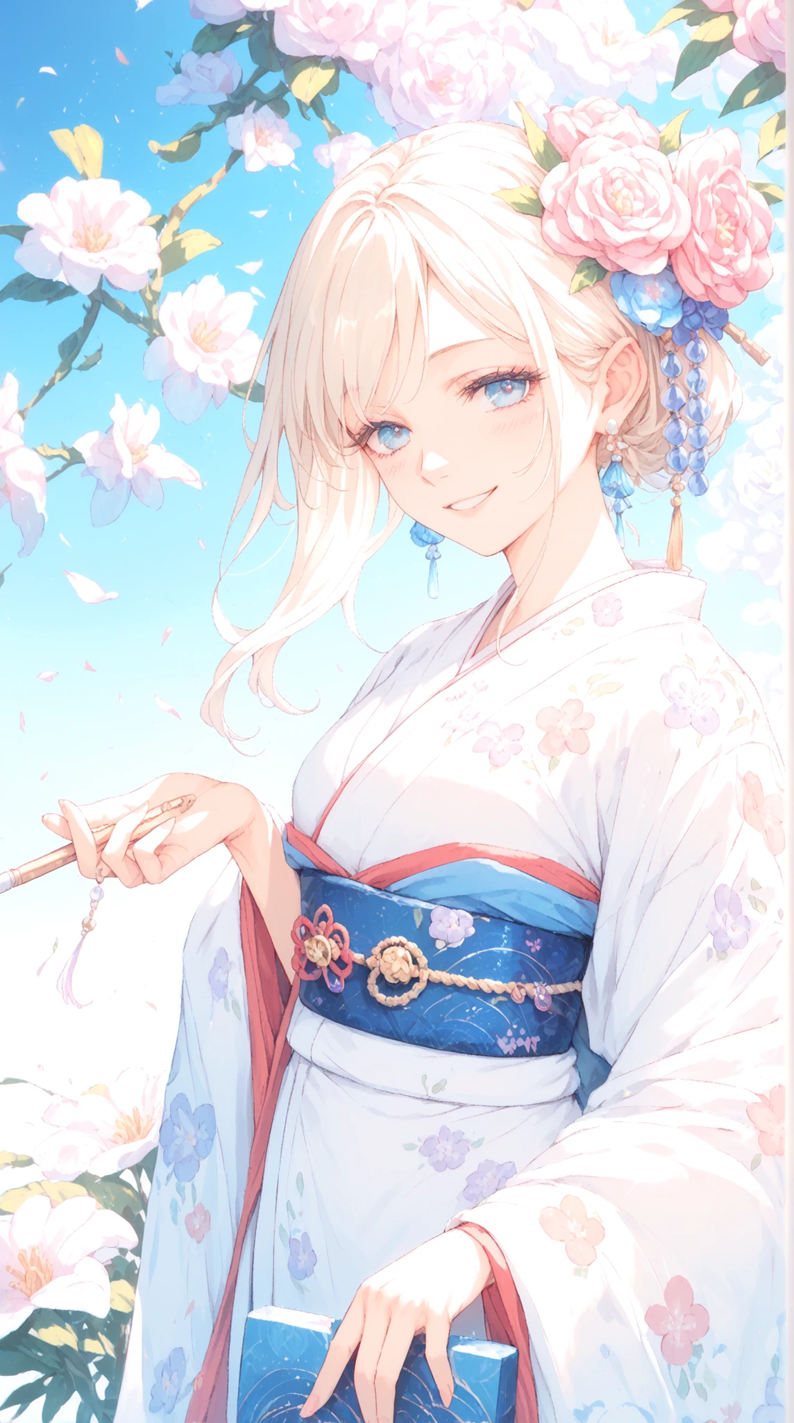 graceful Buddhist beauty,  Kimono, Smile of Charity, antique jewelry, peony flower decoration, stream full of light,  Body Line, Buddhist painting touch, gentle expression, Afterlight Effects