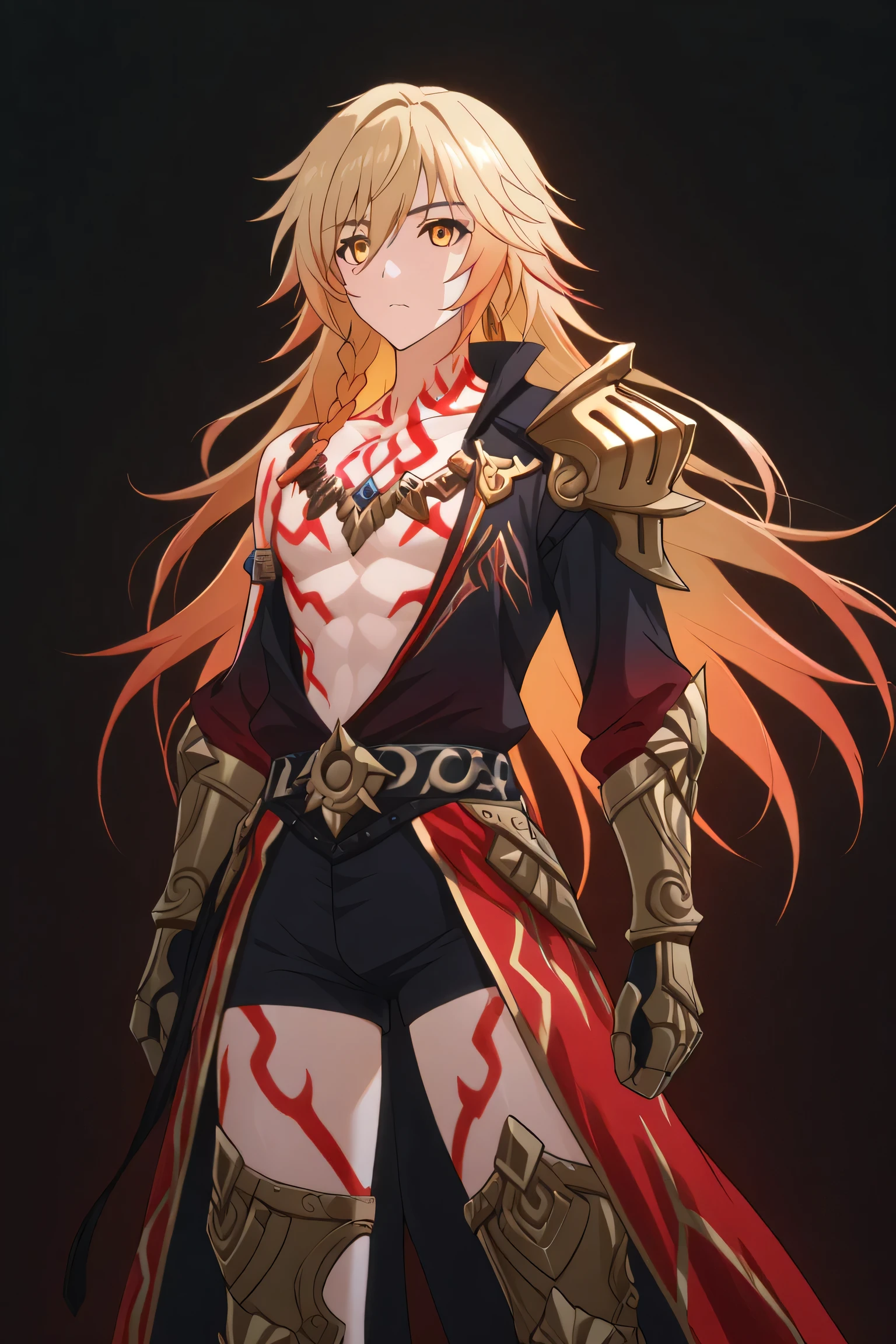 Chest larger than torso, mydei, gradient hair, blonde hair, yellow eyes, golden armor, tattoo, black jacket, black shorts.