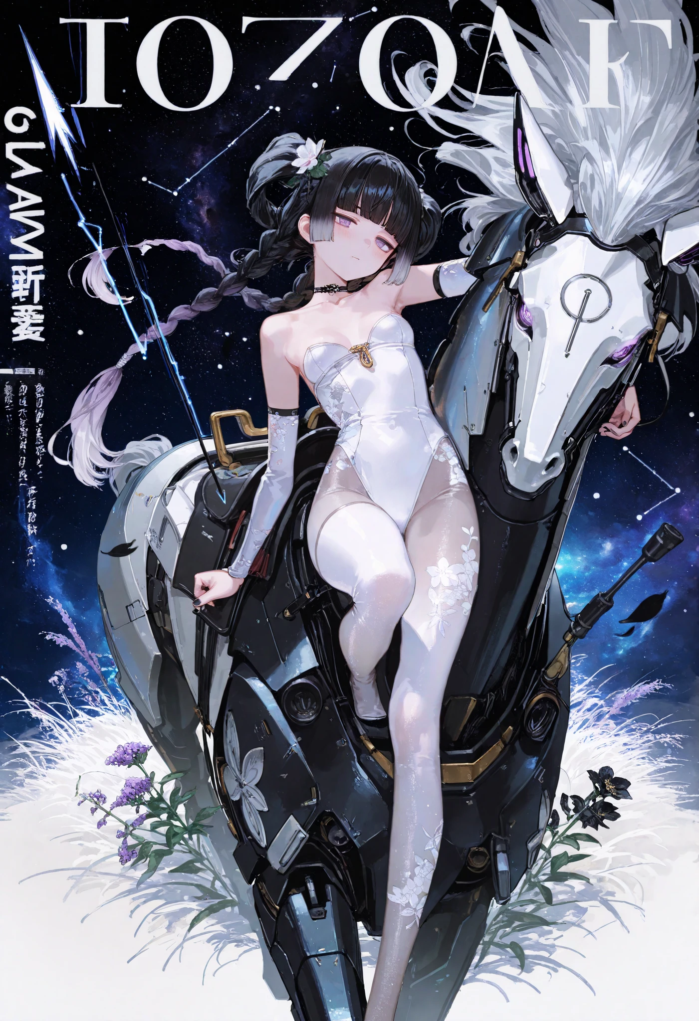1girl, lavender eyes, jitome(0.5), Black Hair, white Grey Gradient Hair, blunt bangs, hime cut, Medium length twintails, curly hair, Full head of hair, Mechanic girl, small Breast, armors, Mechanical Armor, Mechanical bow, energy arrow, archer, body stocking, flower pattern, Choker, black nail polish, masterpiece, best quality, Perfect details, amazing quality, extremely high resolution, perfect composition, Perfect face, Perfect hand, absurdres, newest, very aesthetic, amazing quality, highres, film grain, Focus on the character, Cinematic, dramatic, Magnificent, cute expression, kotoyama, doremi, hwansang, mx2j, Substantiated wind effects are wrapped around, liquid ink floats around, Long braided knot decoration, grand master, oriental ink painting, ukiyo-e, light effect, Liberation, transcendence, splash art, archer ability, flower, black leaf, black vine, white grass, dynamic view, overwhelming, dominant, mechanical horse, Engineer, shy, Futuristic simple white workshop, blushing, magazine cover, cover art, Futuristic, futuristic effects, flowing letters, virtual space, model, powerful theme, Astronomy, Zodiac Sign, constellation, Sagittarius, archer pose,