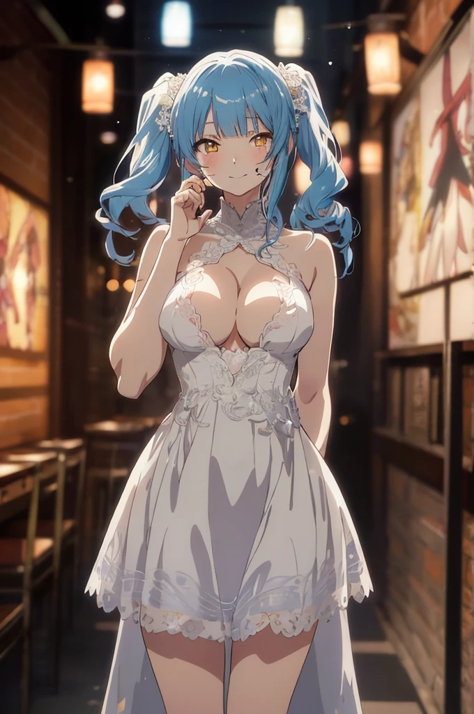 A 1920s flapper girl with large ?????? dressed in clothes of the era in a speak easy swinging on swing above a bar