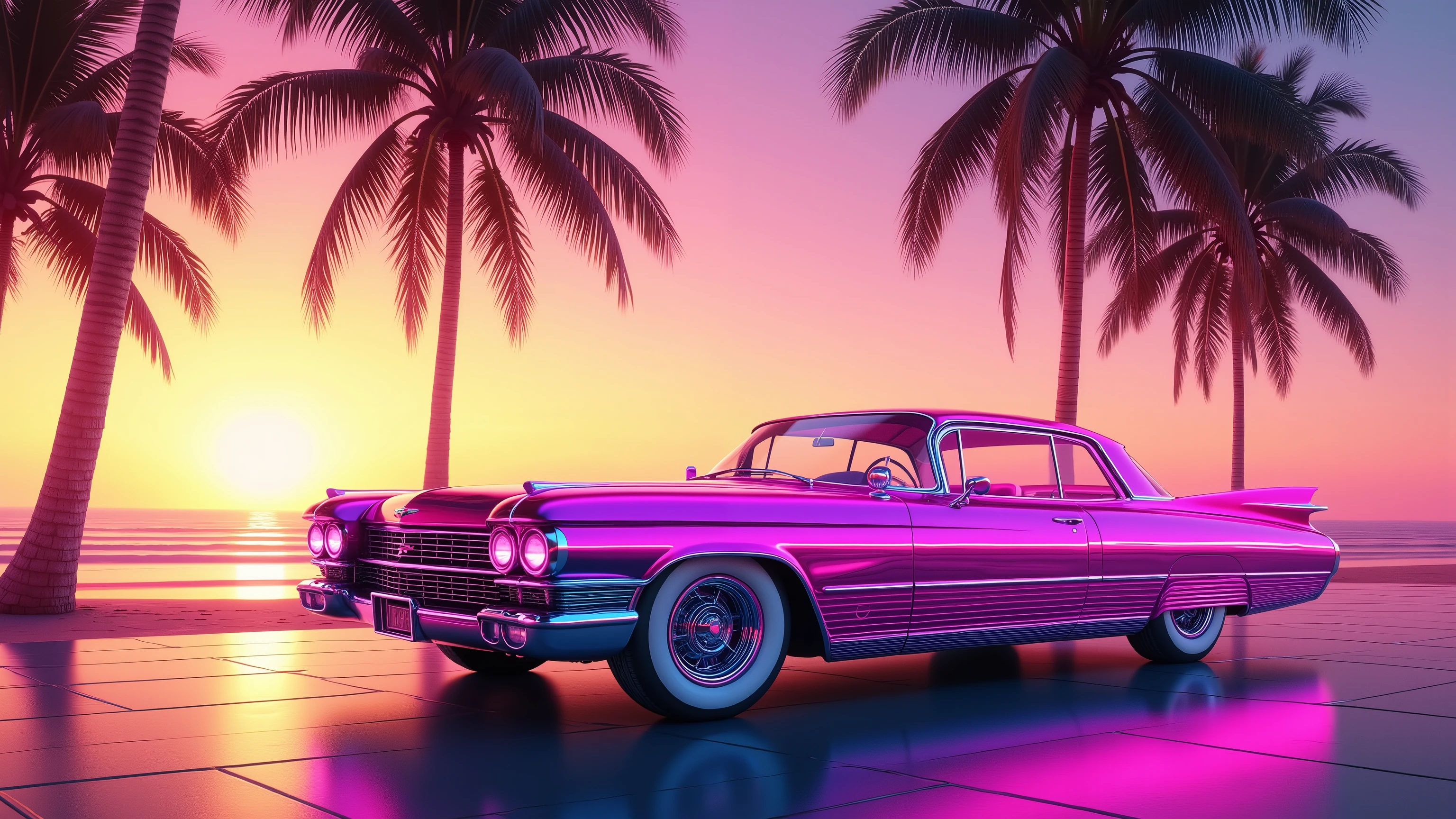 glowing magenta cadillac eldorado 1959 at the beach under palm trees, sun at the neon horizon, 1980, vaporwave  