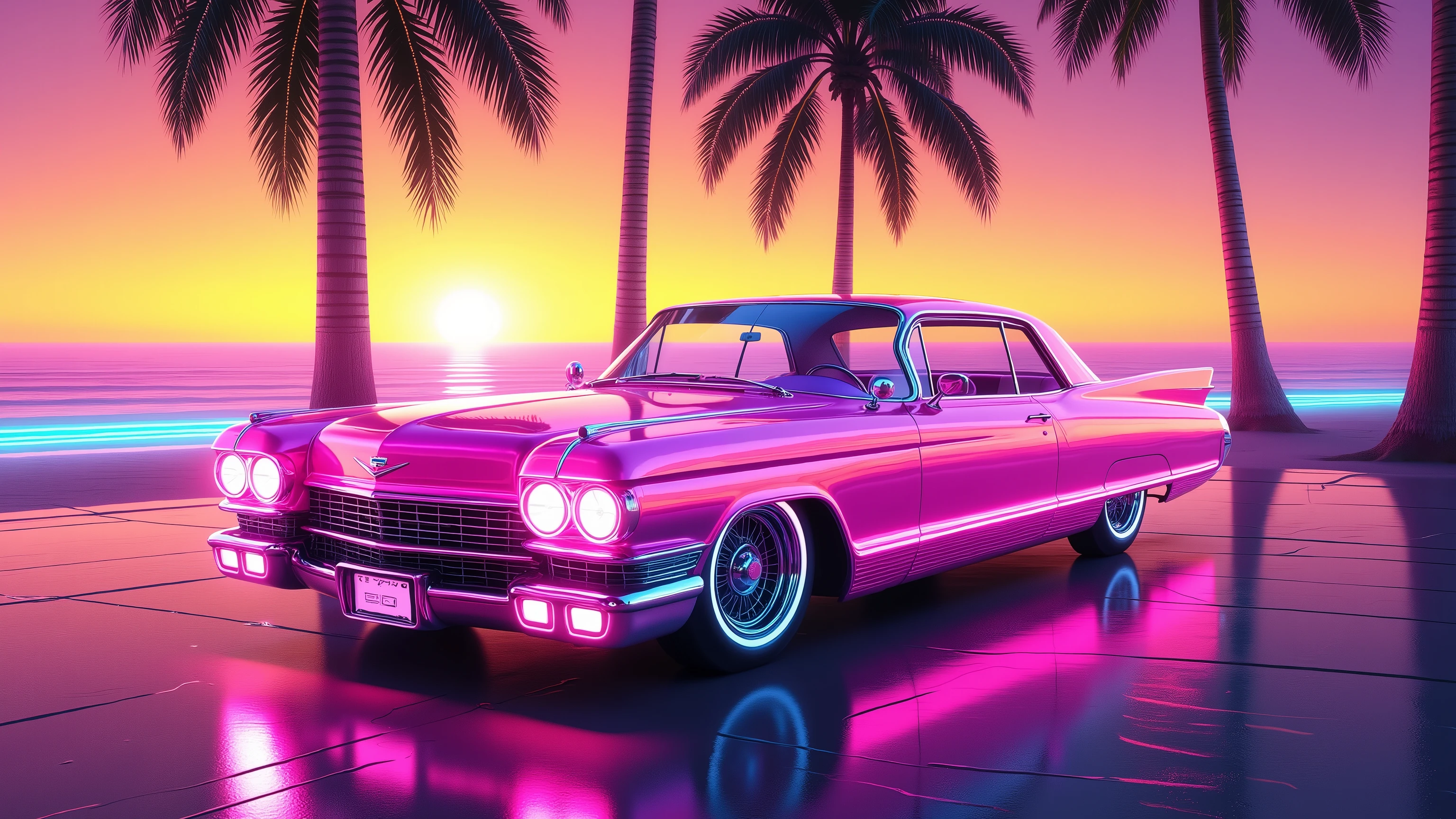 glowing magenta cadillac eldorado 1959 at the beach under palm trees, sun at the neon horizon, 1980, vaporwave  