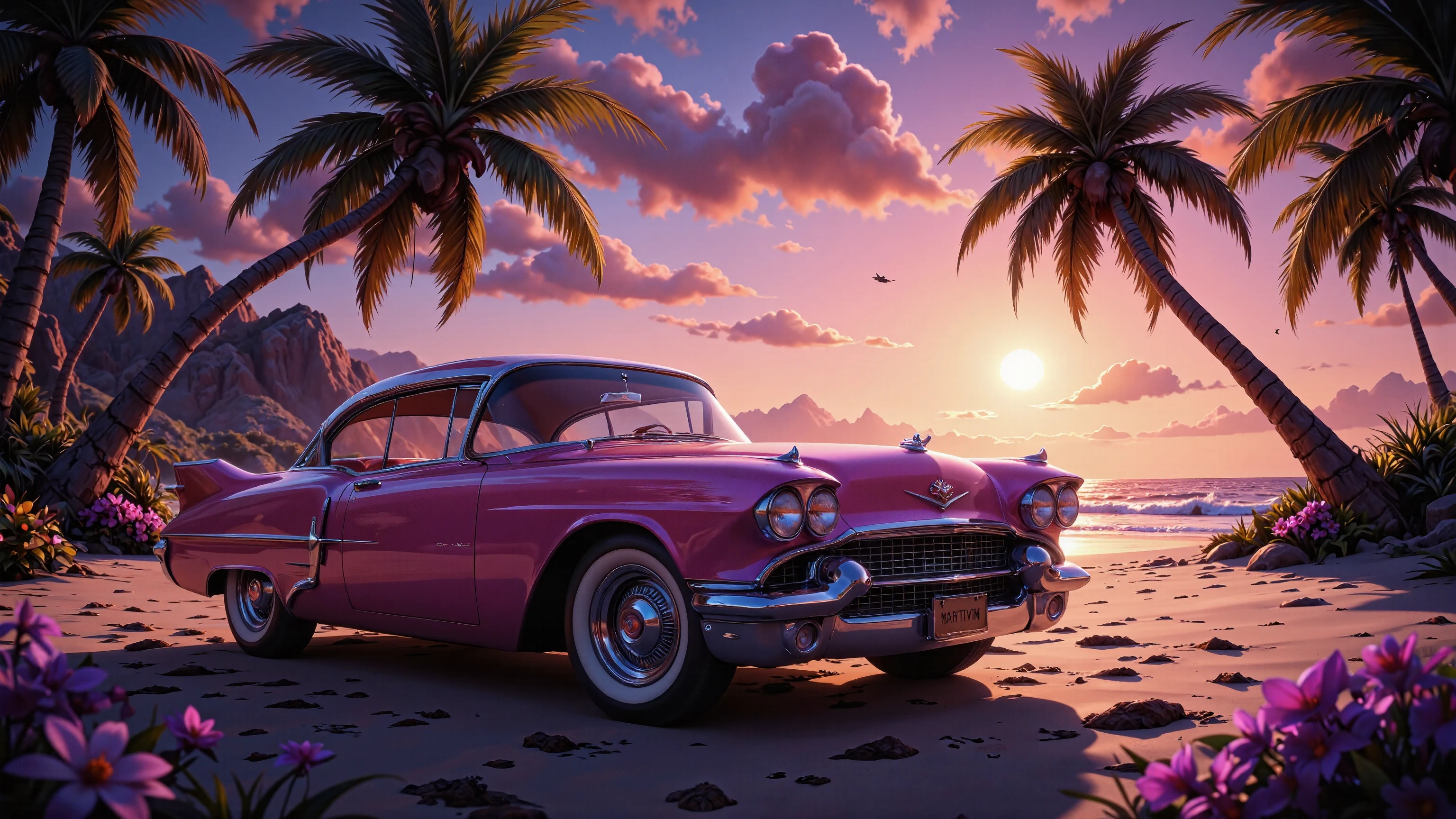 glowing magenta cadillac eldorado 1959 at the beach under palm trees, sun at the neon horizon, 1980, vaporwave