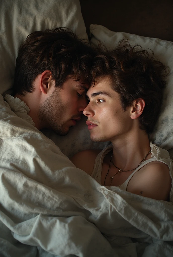 Add very skinny  gay teen, kissing on the mouth with , hugging him and fondling him, In a bed