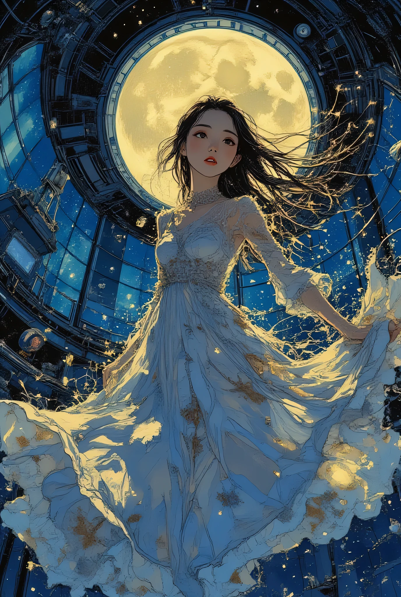 pingtu style, illustrazione-fen, stm211, Extremely aesthetic, illustrazione, colori vivaci , decentralized composition,
BREAK
Director of the star observatory. Ne laboratorio, illuminated by the moonlight that penetrates the windows , her hair waves gracefully, , her clothes float and sway with the dance, surrounded by bright stars. Her expression is enchanted. Posa dinamica, dynamic action, dramatic angle, Immagine elegante.