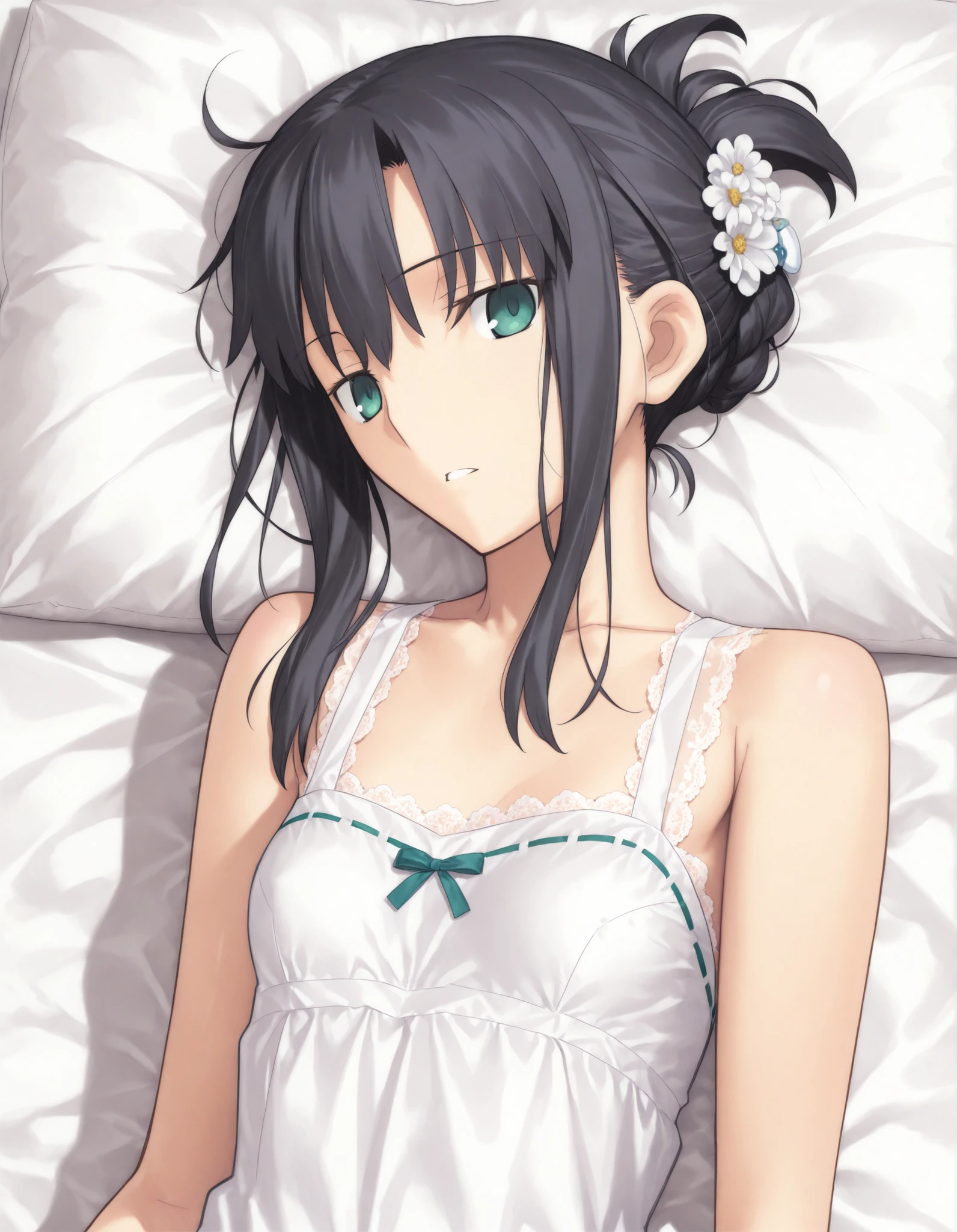 masterpiece, , absurdres, highres, detailed background, high resolution, masterpiece, necessary, detail, best quality, quality, necessary, details, High details, Precise, , , from above ,,close up face ,
1girl, (type-moon,) style, Takeuchi Takashi style, (aged up:1.2) ,() ,head tilt ,, , on side, (),
tall girl, 1girl ,solo ,(slim body, ),((long sidelock)), semi long hair, blue green eyes, jitome, black hair, , updo, hair ornament, (white sundress), lace dress ,half-sleeve, ,looking at viewer, ,(small breasts, ), flat chest ,((detailed background)) ,