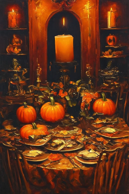oil painting, (Golden ratio) heavy brushstrokes, Pallette knife, paint drips, A scene of evil halloween pumpkins, sitting in a vintage kitchen, Baroque, dramatic contrasts between light and dark, emotional intensity, tenebrism, soft edges, oil on canvas, romanticism, baroque, realism, chiaroscuro, Dutch Golden Age, impasto, by Rembrandt van Rijn, by Rembrandt, rich, deep colors, layered image shaded by cells, golden ratio, award winning, professional, highly detailed, intricate, volumetric lighting, gorgeous, masterpiece, sharp focus, depth of field, perfect composition, award winner, artstation, acrylic painting, pixiv fanbox trends, palette knife and brush strokes, 16k hi-res, uhd
