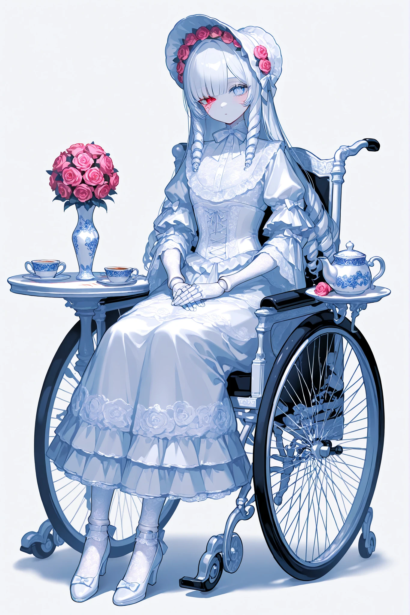 (xxx667_illu,doll joints,) Alive doll-girl, petite vintage cute porcelain articulated doll. Her body is made of white porcelain and joints of her limbs are doll-like hinges. There's a crack marks on her porcelain face. She has scarlet red loose hairstyle with ringlets. She has heterochromia(one eye is blue the other eye is yellow). She wearing snow-white long lace puffy Lolita's dress with bows and pink roses, lace stockings with garters , mary jane shoes with bows. she wearing silk lace white gloves. She wears a snow-white bonnet with pink roses and bows on her head. She has bandages on her hips. She is sitting. (On The Background: Rose garden and gazebo. inside a vintage wheelchair, and table with a cups with tea, a teapot, a vase with roses on it.)