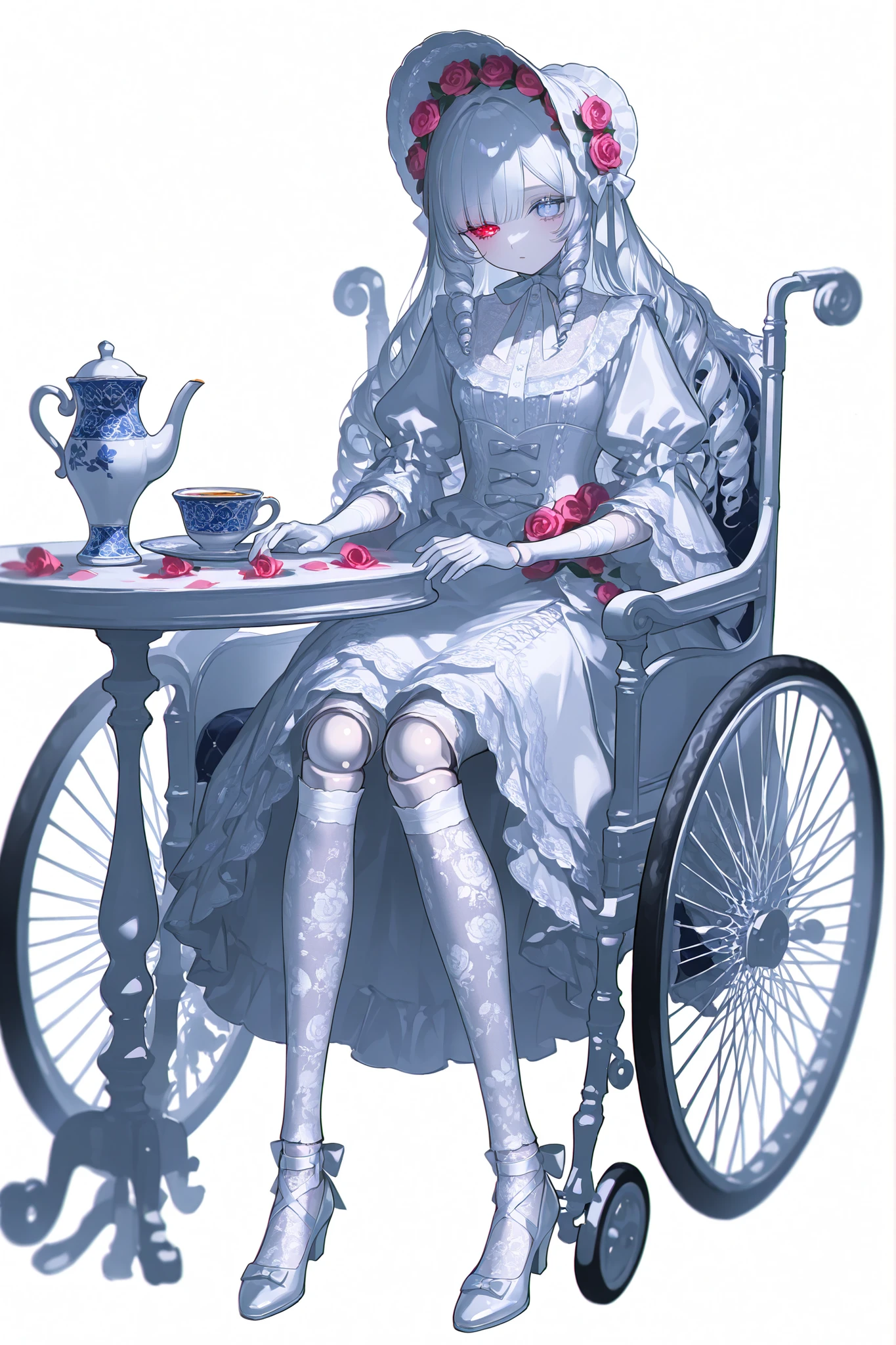 (xxx667_illu,doll joints,) Alive doll-girl, petite vintage cute porcelain articulated doll. Her body is made of white porcelain and  joints of her limbs are doll-like hinges. There's a crack marks on her porcelain face. She has scarlet red loose hairstyle with ringlets. She has heterochromia(one eye is blue the other eye is yellow). She wearing snow-white long lace puffy Lolita's dress with bows and  pink roses, lace stockings with garters , mary jane shoes with bows. she wearing silk lace white gloves. She wears a snow-white  bonnet with pink roses and bows on her head. She has bandages on her hips. She is sitting. (On The Background: Rose garden and gazebo. inside a vintage wheelchair, and table with a cups with tea, a teapot, a vase with roses on it.)