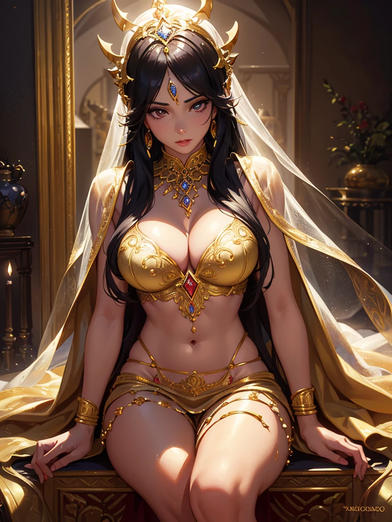 masterpiece, best quality, ultra-detailed, 1girl, solo, looking at viewer, (curvy:1.1), large breasts, black hair, long hair, hair over one eye, (wavy hair:1.1), yellow eyes, nude, (breasts apart:1.3), groin, (pasties:1.3), neck ring, armlet, bracelet, (thighlet:1.2), (white veil:1.2), (hair ornament:1.1), navel piercing, (chain:1.1), (gold:1.3), (gold trim:1.2), rose, sweat, spread legs, sitting, arm up, full body, anklet, barefoot, on bed --auto --s2
