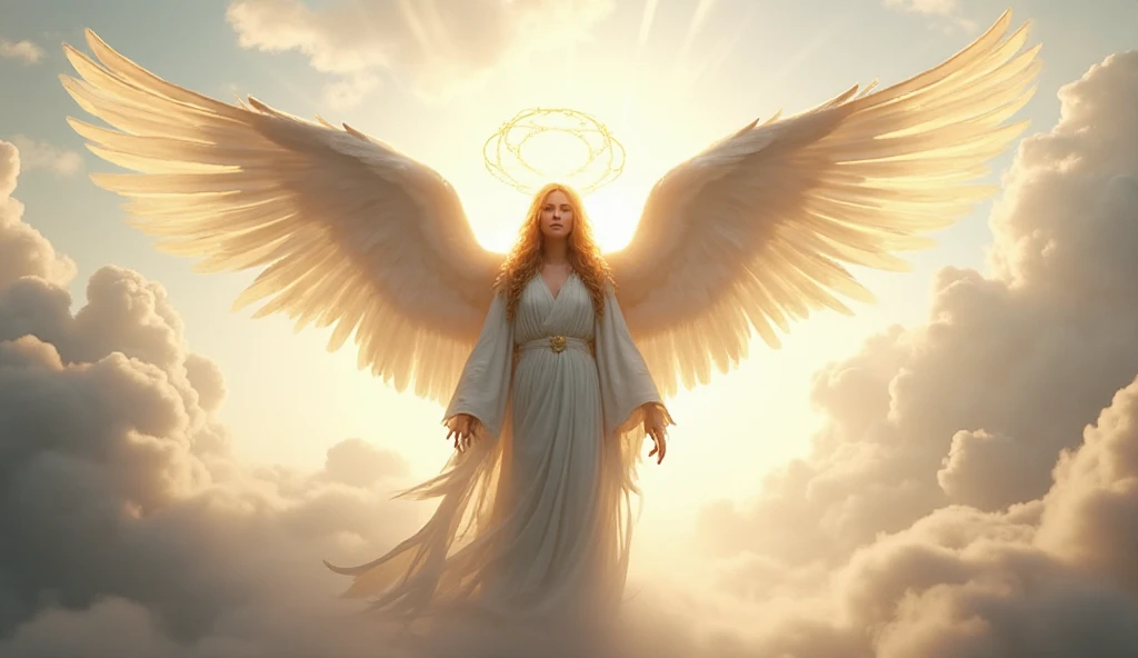 A majestic angel with large white feathered wings, glowing golden halo ...