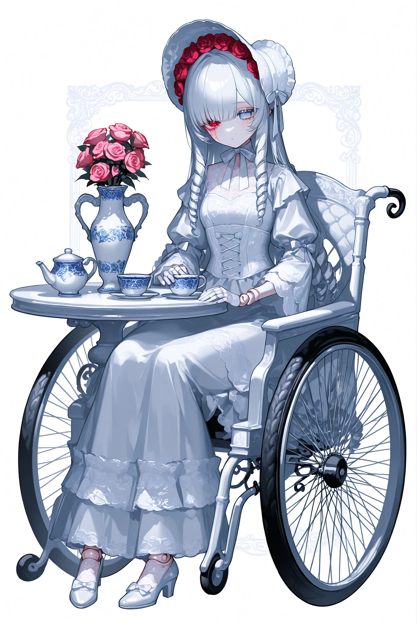 (xxx667_illu,doll joints,) Alive doll-girl, petite vintage cute porcelain articulated doll. Her body is made of white porcelain and  joints of her limbs are doll-like hinges. There's a crack marks on her porcelain face. She has scarlet red loose hairstyle with ringlets. She has heterochromia(one eye is blue the other eye is yellow). She wearing snow-white long lace puffy Lolita's dress with bows and  pink roses, lace stockings with garters , mary jane shoes with bows. she wearing silk lace white gloves. She wears a snow-white  bonnet with pink roses and bows on her head. She has bandages on her hips. She is sitting. (On The Background: Rose garden and gazebo. inside a vintage wheelchair, and table with a cups with tea, a teapot, a vase with roses on it.)