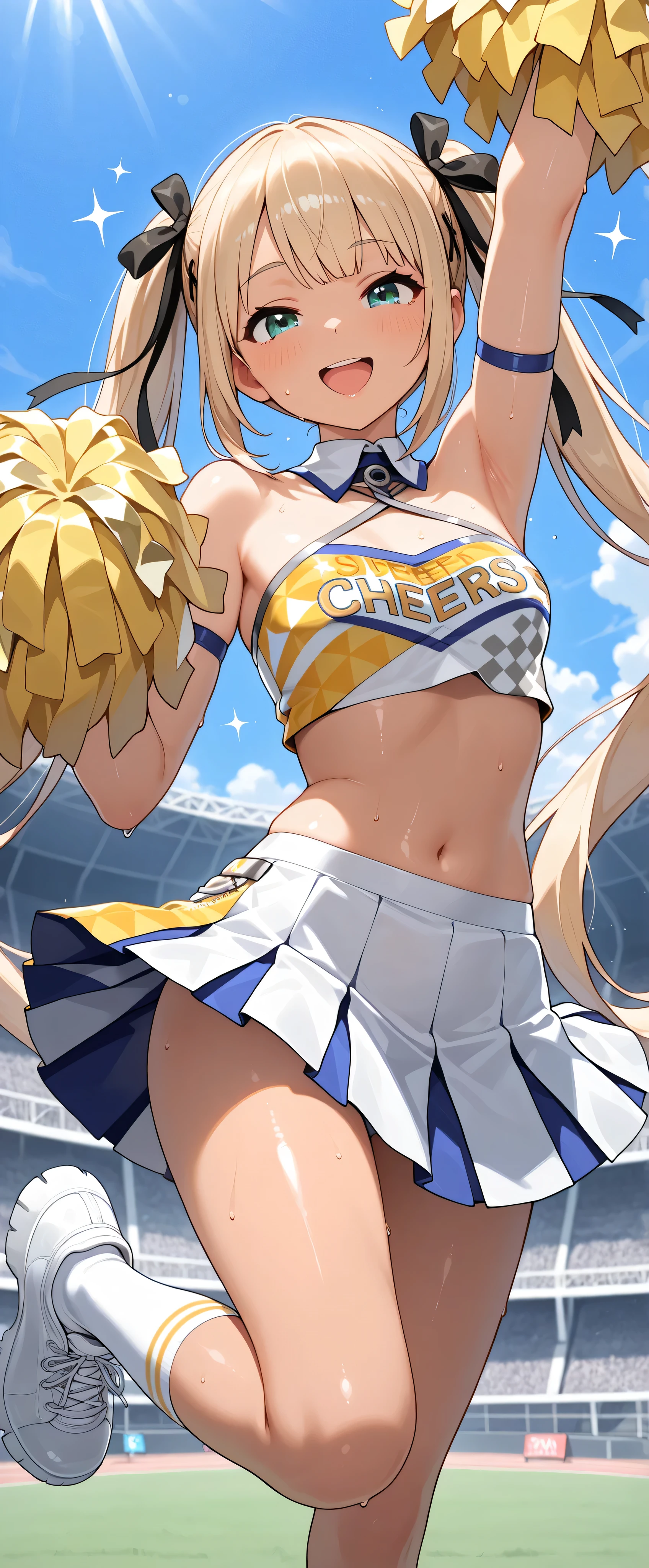 (masterpiece,top quality,super high resolution),1 Japanese woman, (((Very Beautiful Old Lady ))), cute girl with good taste、look at the photographer、 (()), very cute face, ,pushes out the dark skin of the natural smile、 , 、, perfect hands and feet, perfect anatomy,((( Sparkling Cheering Uniform ,Cheerleader,Cheerleader,tube top in a bent position))))Stadium,())sweaty,(((tube top in a bent position)))((((open mouth))))marie rose