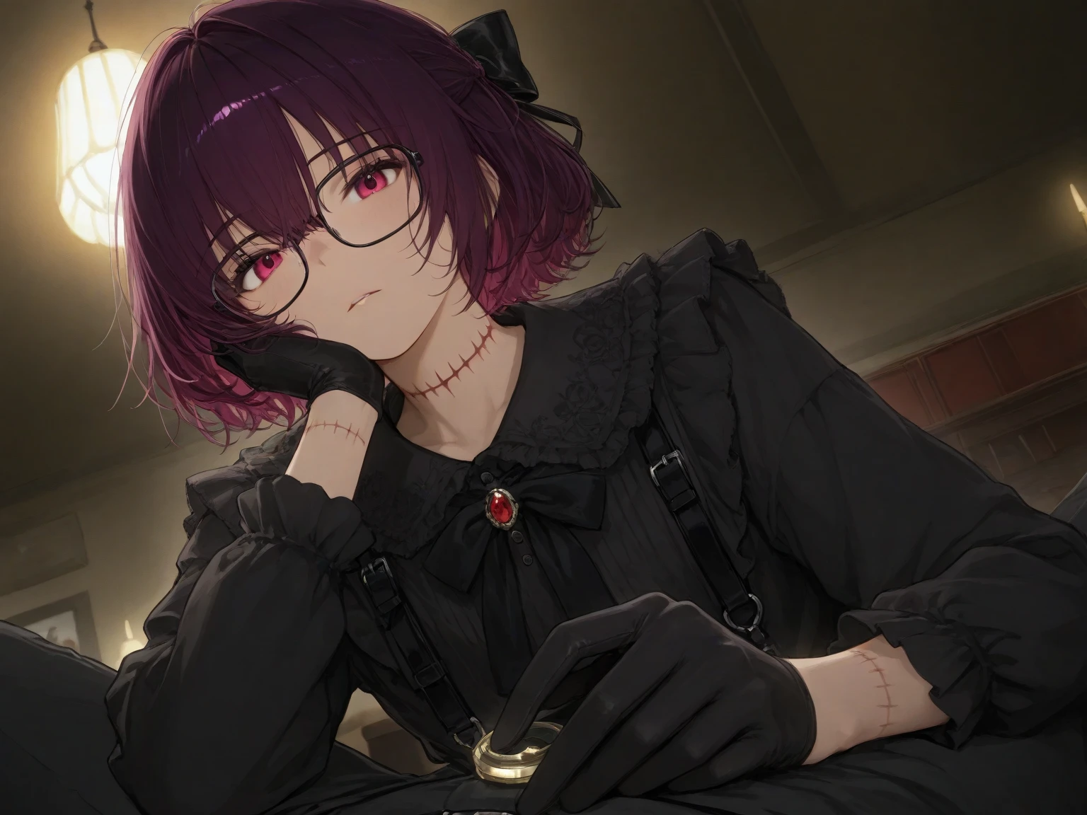 short hair　small body　shyness　thighs　depressed　small 　Glasses　sweaty　open mouth　bed　Gothic Lolita