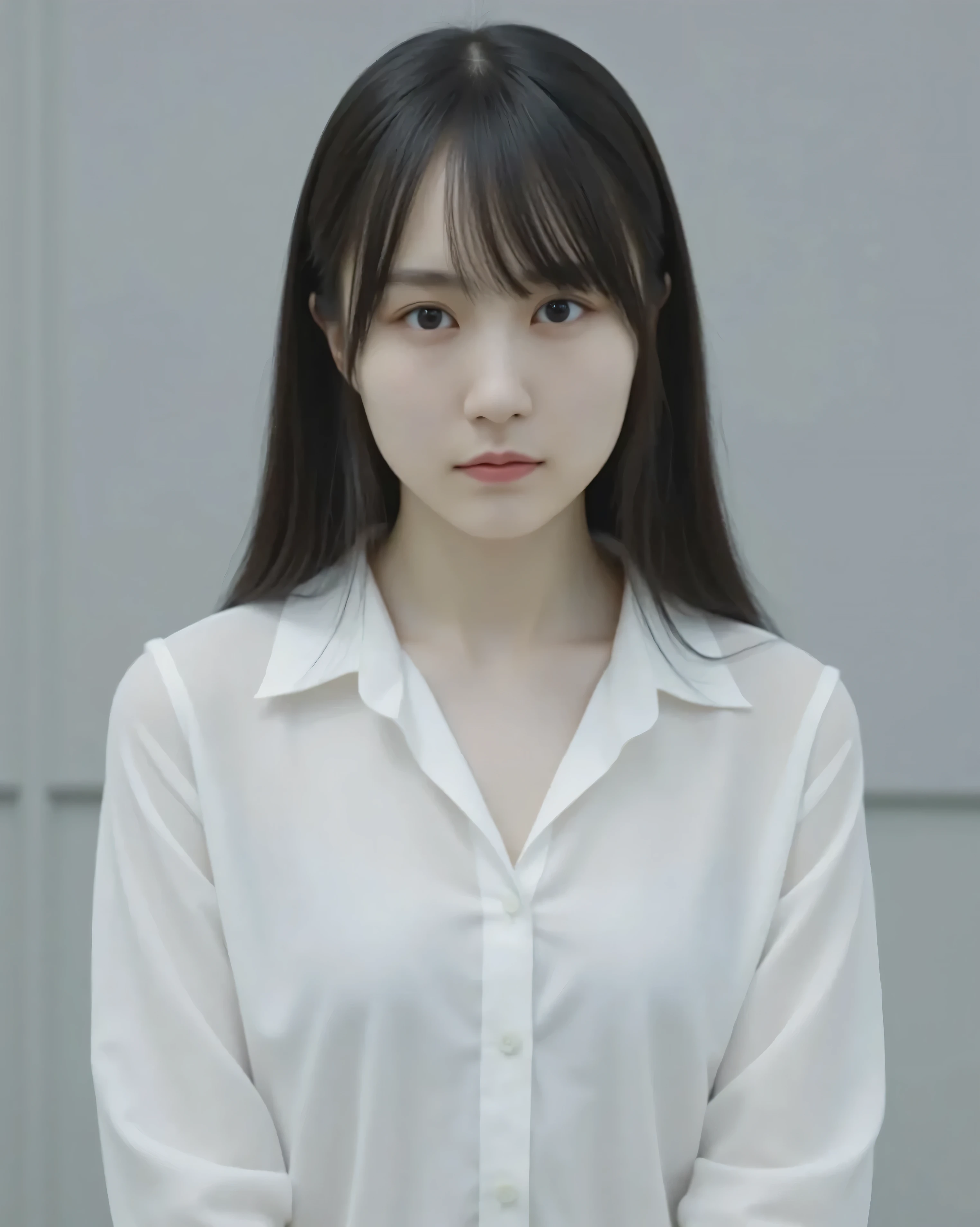 Dimly Lit Grey Wall, Horror Theme Lighting, Horror Cinematic Lighting, Face Straight Forward, Face Directly Forward, Serious Expression, Both Arms and Hands Keep Straight Down, Thin and Skinny Arms, Skinny Shoulders, Do Not Show Hands, Closed Mouth, Lips Shut, Thin and Slender Body, Skinny Body, Wearing White Unbutton Long Sleeve School Shirt, Exposed Breasts, Low Cleavage, Exposed Cleavage, Unbelievably Perfect Breasts, Small Breasts, Long Hair with Bangs, Young Looking Face, No Wrinkles on Face, Looking Directly at the Camera with a Serious Expression, No Accessories, High Definition CG Unity 8k Wallpaper, 8K, Detailed Clothing Features, White Skin, Masterpiece, High Quality, Photographically, Realistic, Details of Beautiful Eyes, Thin Lips, Closed and Sealed Lips, Highly Details Facial Repair, Clean, Glowing skin