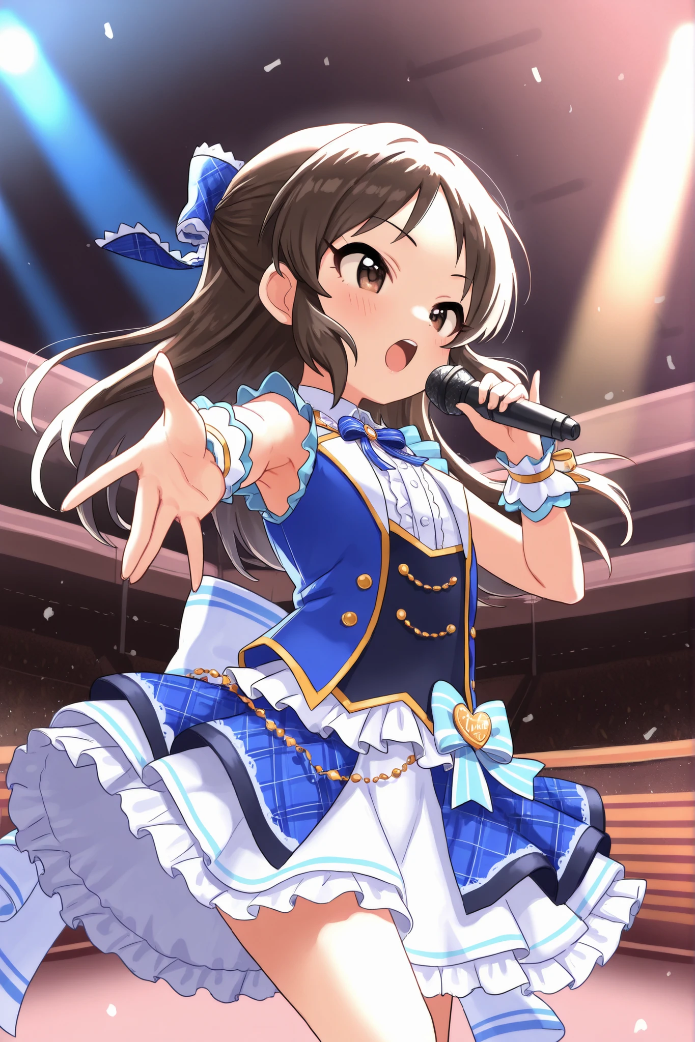 (Top Quality), (Very Aesthetic), (Super Detailed), (Best Illustration), Loli, Solo Female, female child, Girl, tcbnarisu_AA, tachibana arisu, idolmaster cinderella girls, brown eyes, brown hair, long hair, hair bow, solo, singing, wearing idol costumes, dynamic pose, seductive pose, dancing, concert hall,