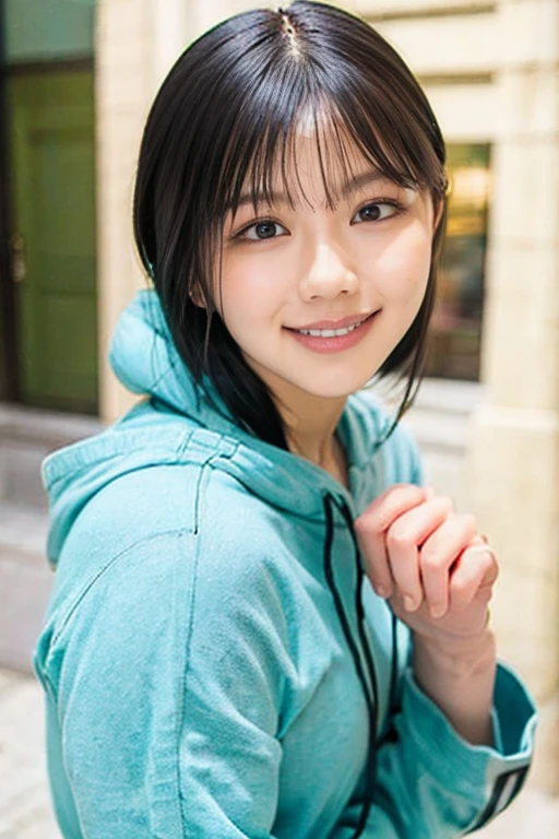 1 beautiful young girl, Super beautiful detailed face, Smile shyly, deep understanding:0.8), (oversized full zip hoodie:1.3), (shorter pants), (kneehigh boots), hime cut hair, (delicated face:1.2), high qulity, actual, extremely detaild的 CG unified 8k wallpapers, The is very detailed, High-definition RAW color photo, professional photoshooting, Realistic portraits, 电影灯光, Beautifully meticulous, super detailing, high detal, (((bokeh))), depth of fields, illuminating, rainbow, The same person, fleshy feeling, Take a sideways selfie, A high resolution, extremly high detail, NVIDIA RTX, 8K, HighDynamicRange，Attention to every detail, From her clothes to her surroundings,Glowing skin, The skin is wet and shiny!!, Realistic pear-shaped figure
