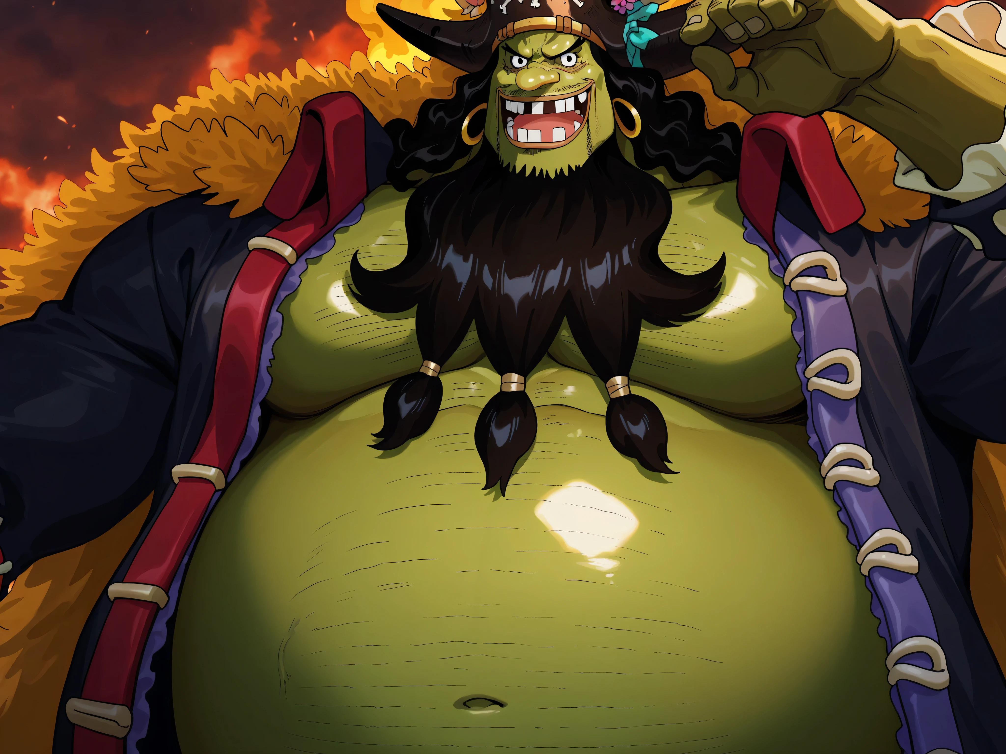 zoroj, neon shading, anime screencap, NDAN_SB ,marshall d teach, male missing tooth, black eyes, black beard, long hair male, long nose, hairy man, fat man, huge man, eyelashes, dark-skinned male, facial hair, ugly man,,solo, ((Marshall D. Teach)), ((green skin)), viking fur robe, black eyes, Blackbeard , Long Nose, Fat Man, Giant Male, ((viking helmet)), ((Marshal D. Teach's face)), ((perfect face)), belly showing , perfect eyes, ((perfect teeth)), green hands, green arms