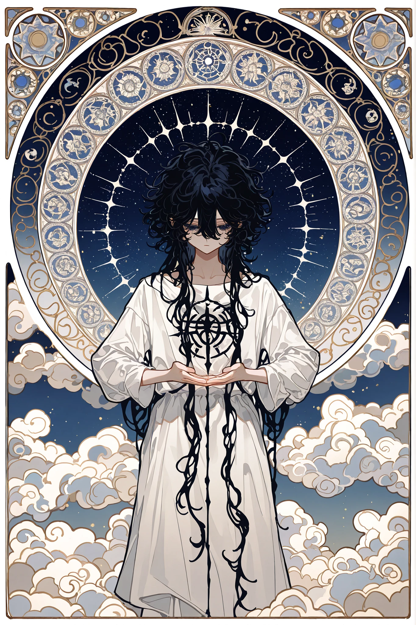 (xxx667_illu) Virgo zodiac sign in Art Nouveau style. A girl in a white Greek tunic, black curls on her head, a Greek ribbon with grapes. in her hands of a mirror with the sigil of Venus. (IN the background: a starry sky with the image of virgo surrounded by an Art Nouveau frame decorated with stars and clouds. The symbol of the two-faced sun and moon on opposite sides of the frame.)