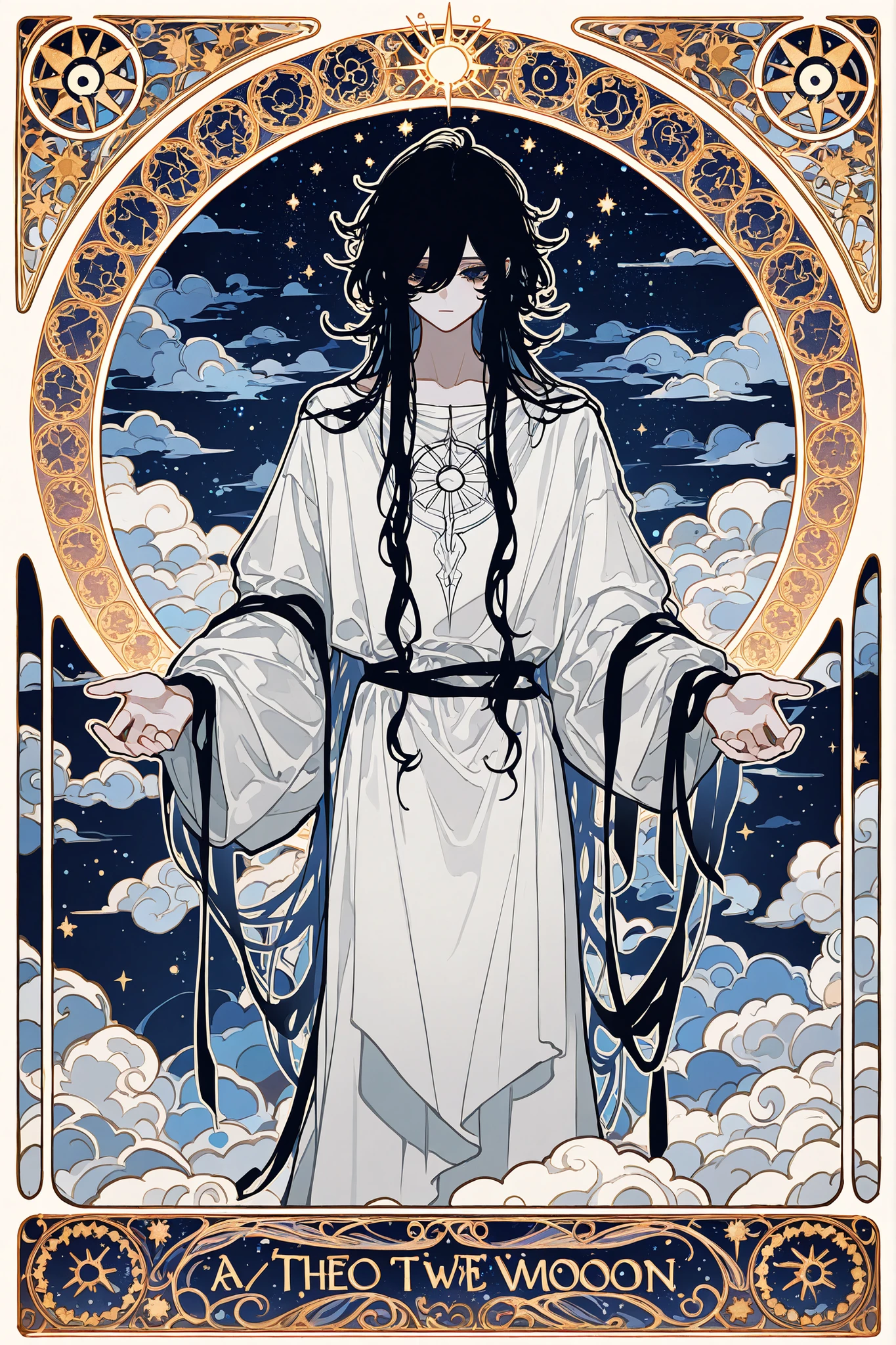 (xxx667_illu) Virgo zodiac sign in Art Nouveau style. A girl in a white Greek tunic, black curls on her head, a Greek ribbon with grapes. in her hands of a mirror with the sigil of Venus. (IN the background: a starry sky with the image of virgo surrounded by an Art Nouveau frame decorated with stars and clouds. The symbol of the two-faced sun and moon on opposite sides of the frame.)
