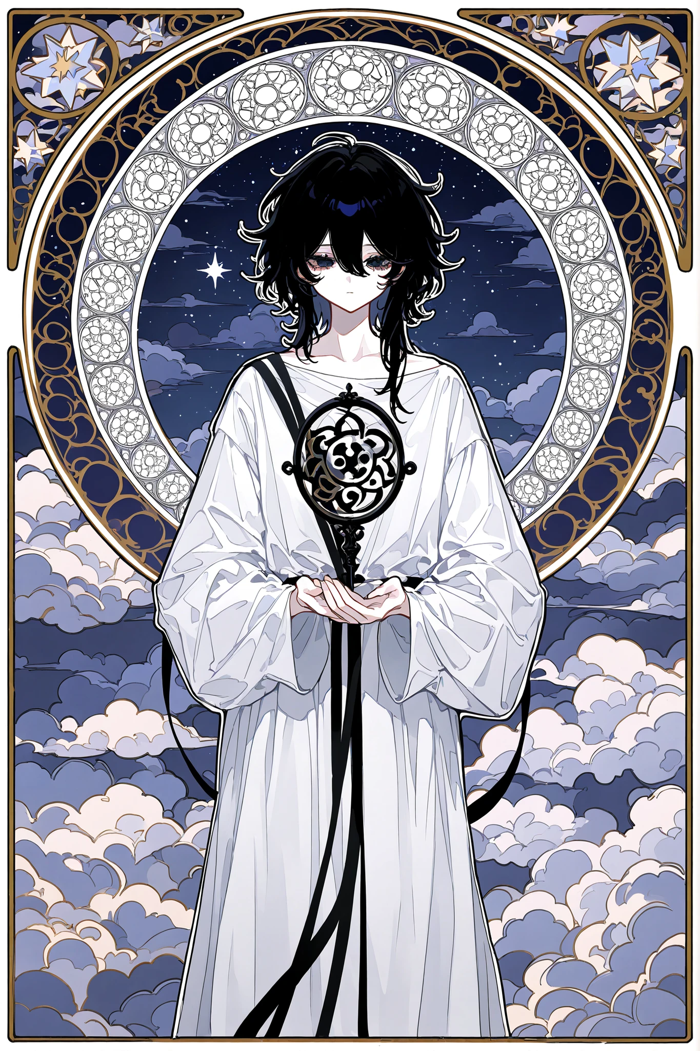 (xxx667_illu) Virgo zodiac sign in Art Nouveau style. A girl dressed in a white Greek tunic. She has a black curls on her head, a Greek ribbon with grapes. in her hands she holding a handmirror with the symbol of Venus. (IN the background: a starry sky with the image of virgo surrounded by an Art Nouveau frame decorated with stars and clouds. The symbol of the two-faced sun and moon on opposite sides of the frame.)