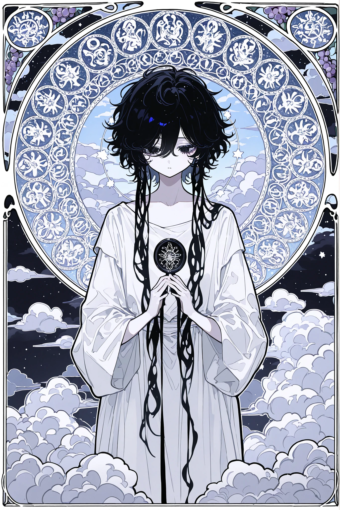 (xxx667_illu) Virgo zodiac sign in Art Nouveau style. A girl dressed in a white Greek tunic. She has a black curls on her head, a Greek ribbon with grapes. in her hands she holding a handmirror with the symbol of Venus. (IN the background: a starry sky with the image of virgo surrounded by an Art Nouveau frame decorated with stars and clouds. The symbol of the two-faced sun and moon on opposite sides of the frame.)
